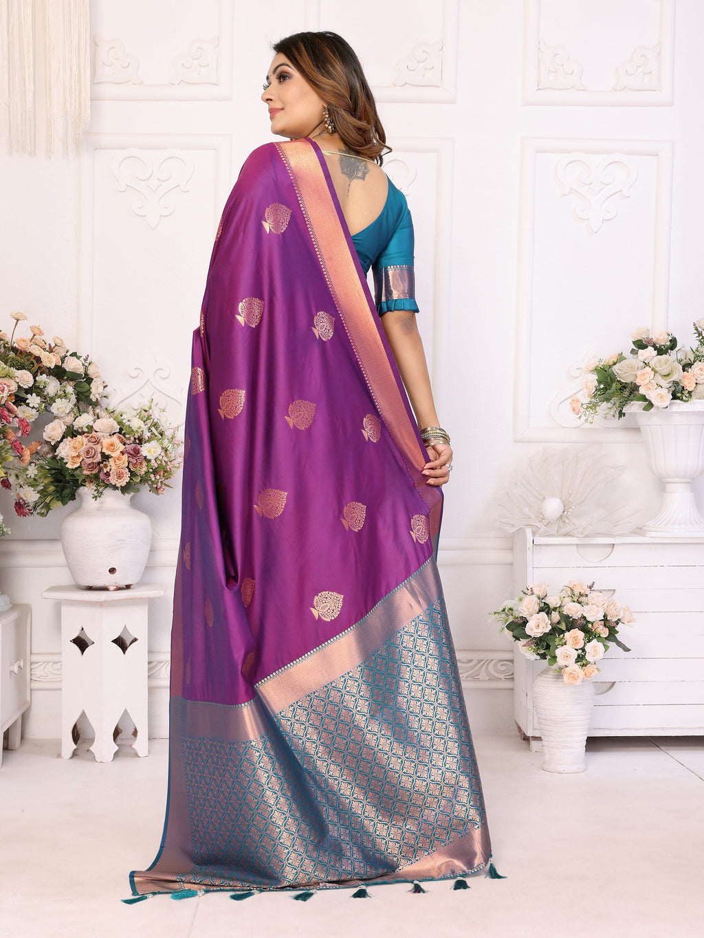 Vedant Vastram Soft Litchi Silk Banarasi Silk Saree - Purple