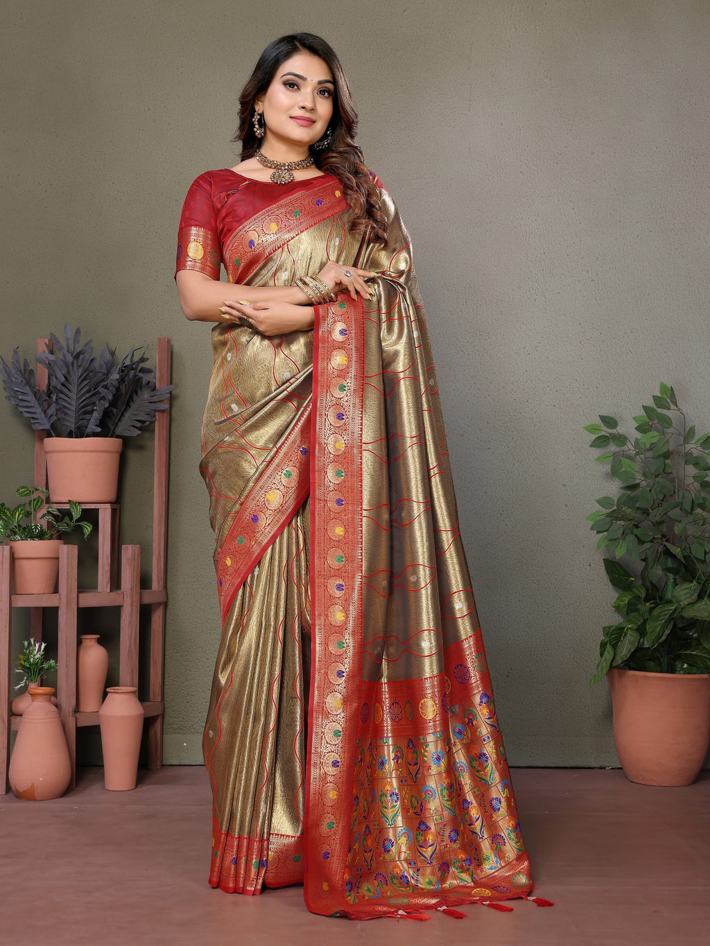 Vedant Vastram Tissue Silk Leheriya Design Kanjeevaram Silk Saree - Beige