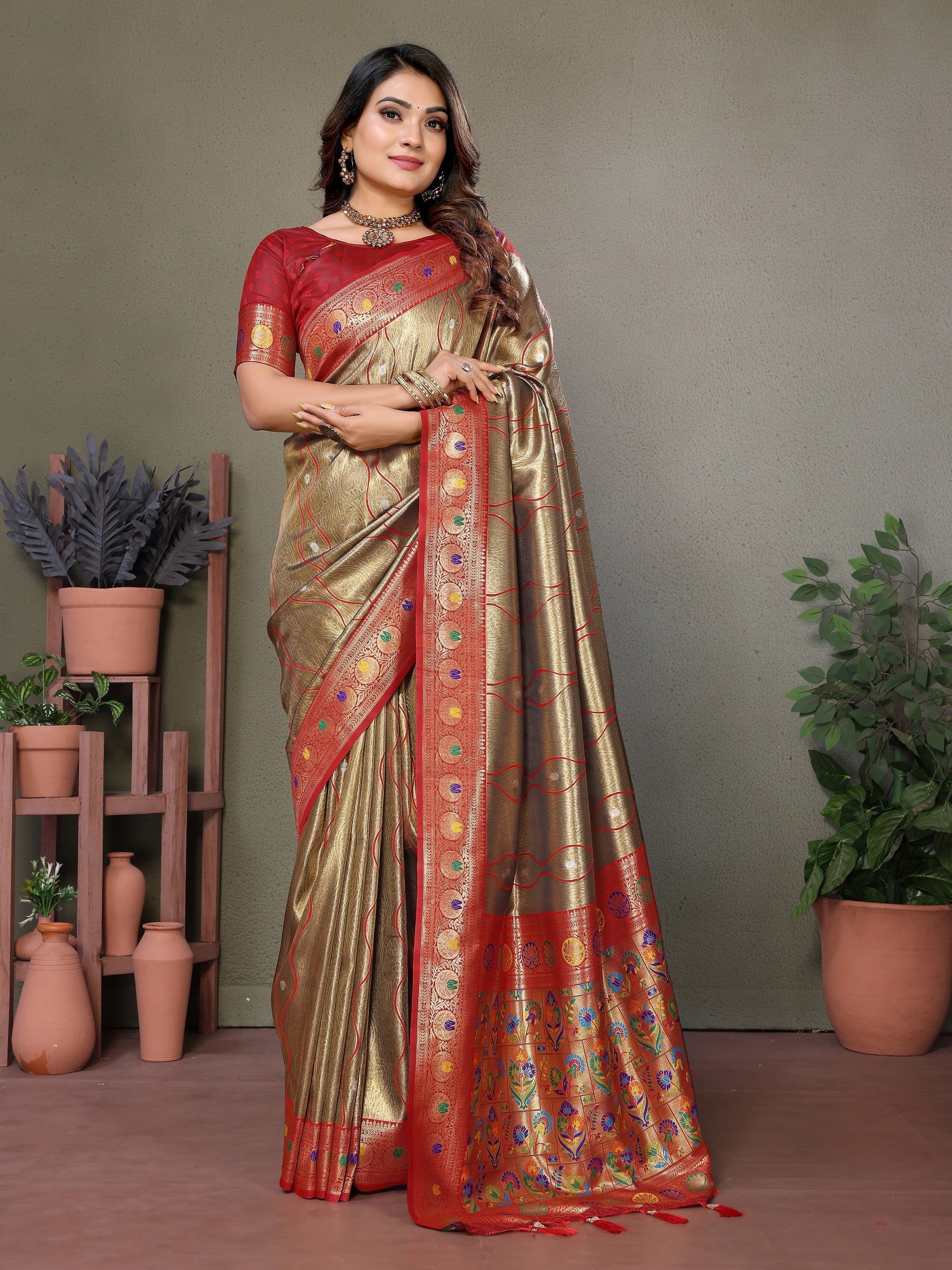 Vedant Vastram Tissue Silk Leheriya Design Kanjeevaram Silk Saree - Beige