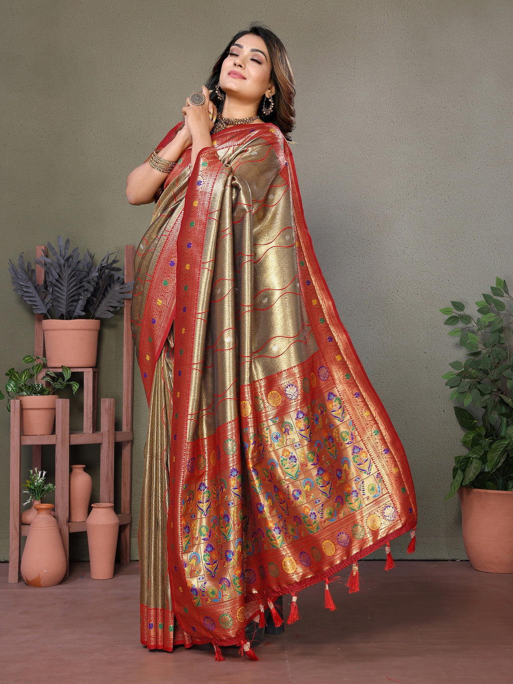 Vedant Vastram Tissue Silk Leheriya Design Kanjeevaram Silk Saree - Beige