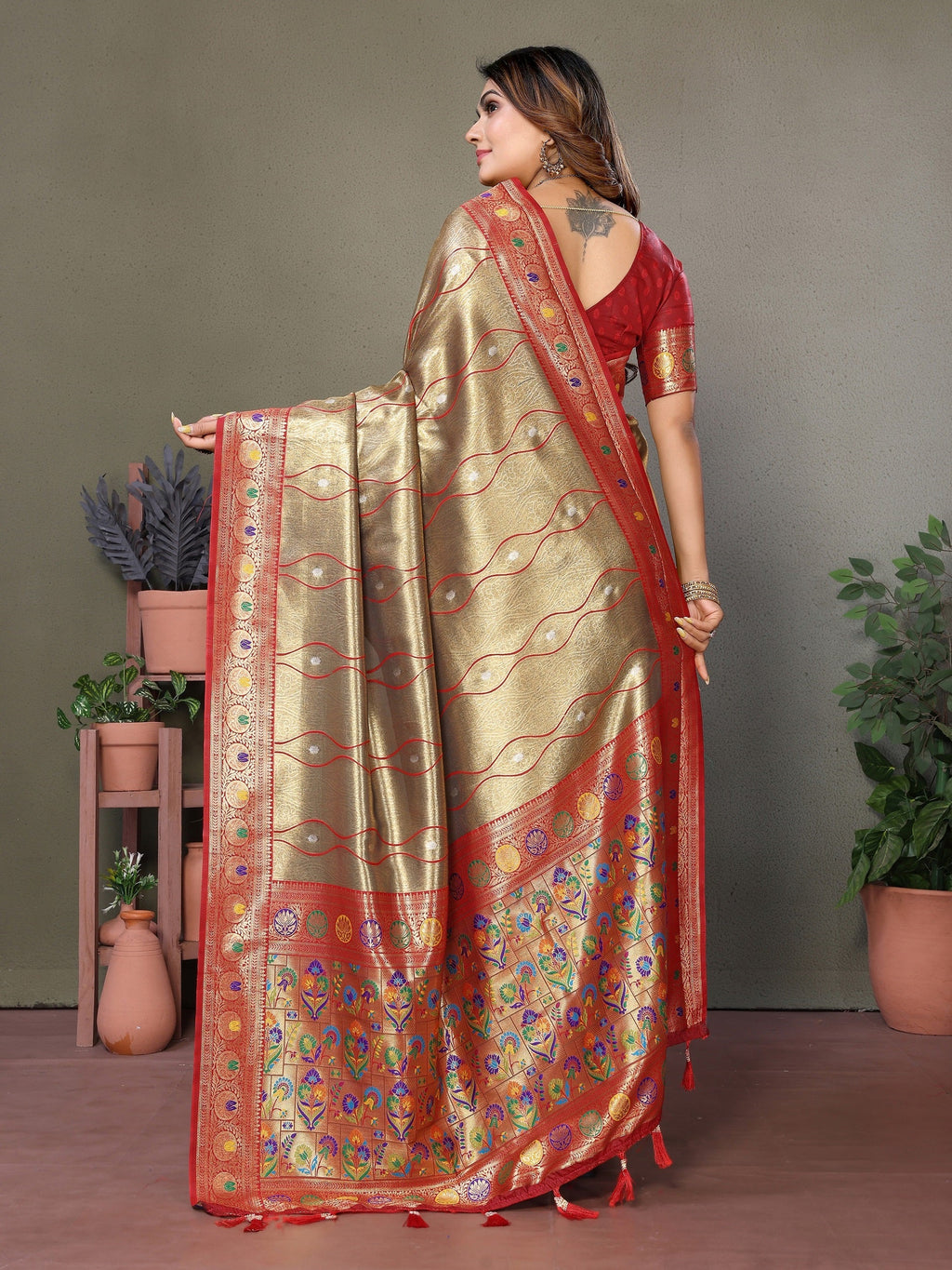 Vedant Vastram Tissue Silk Leheriya Design Kanjeevaram Silk Saree - Beige