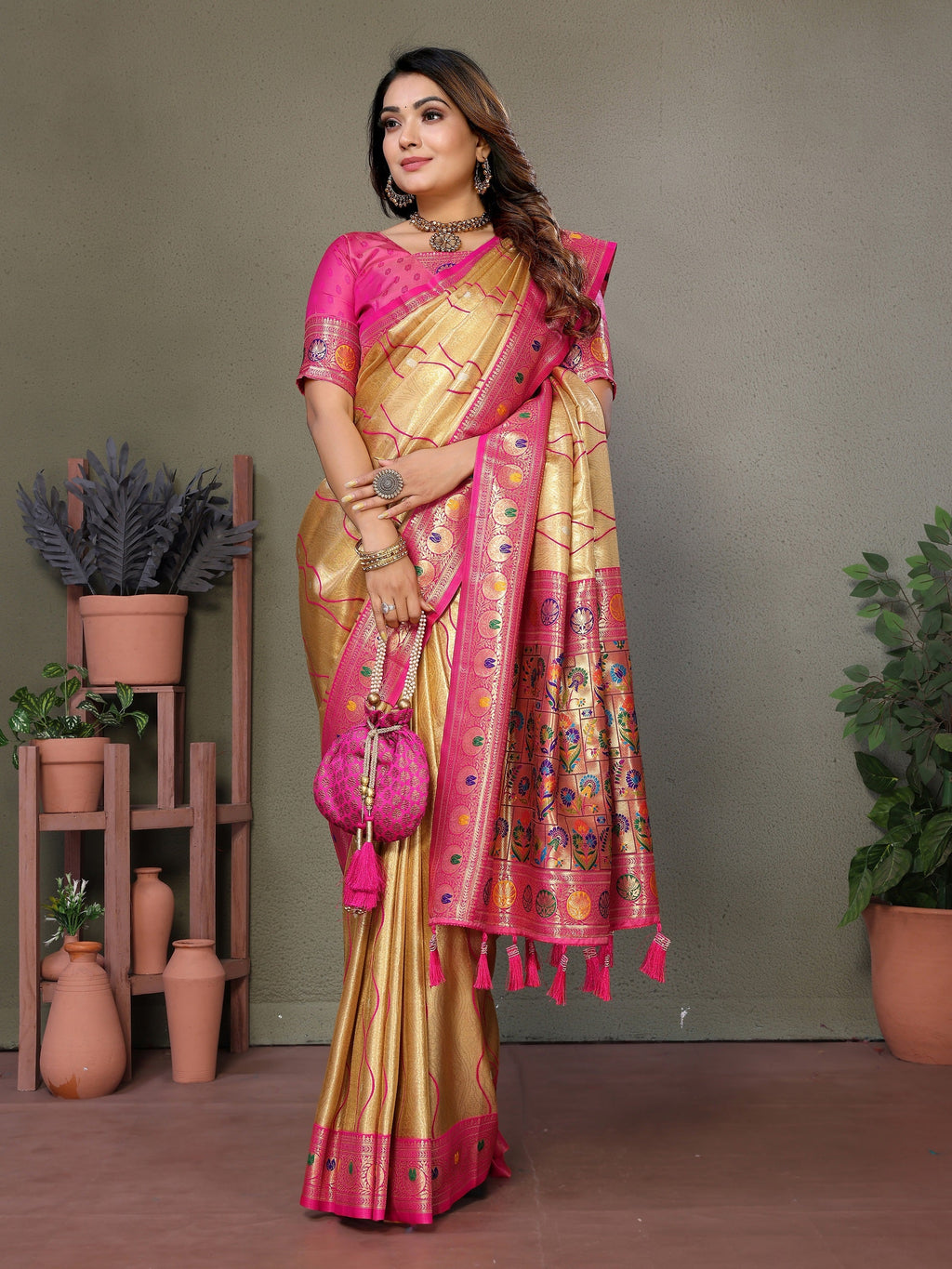 Vedant Vastram Tissue Silk Leheriya Design Kanjeevaram Silk Saree - Gold