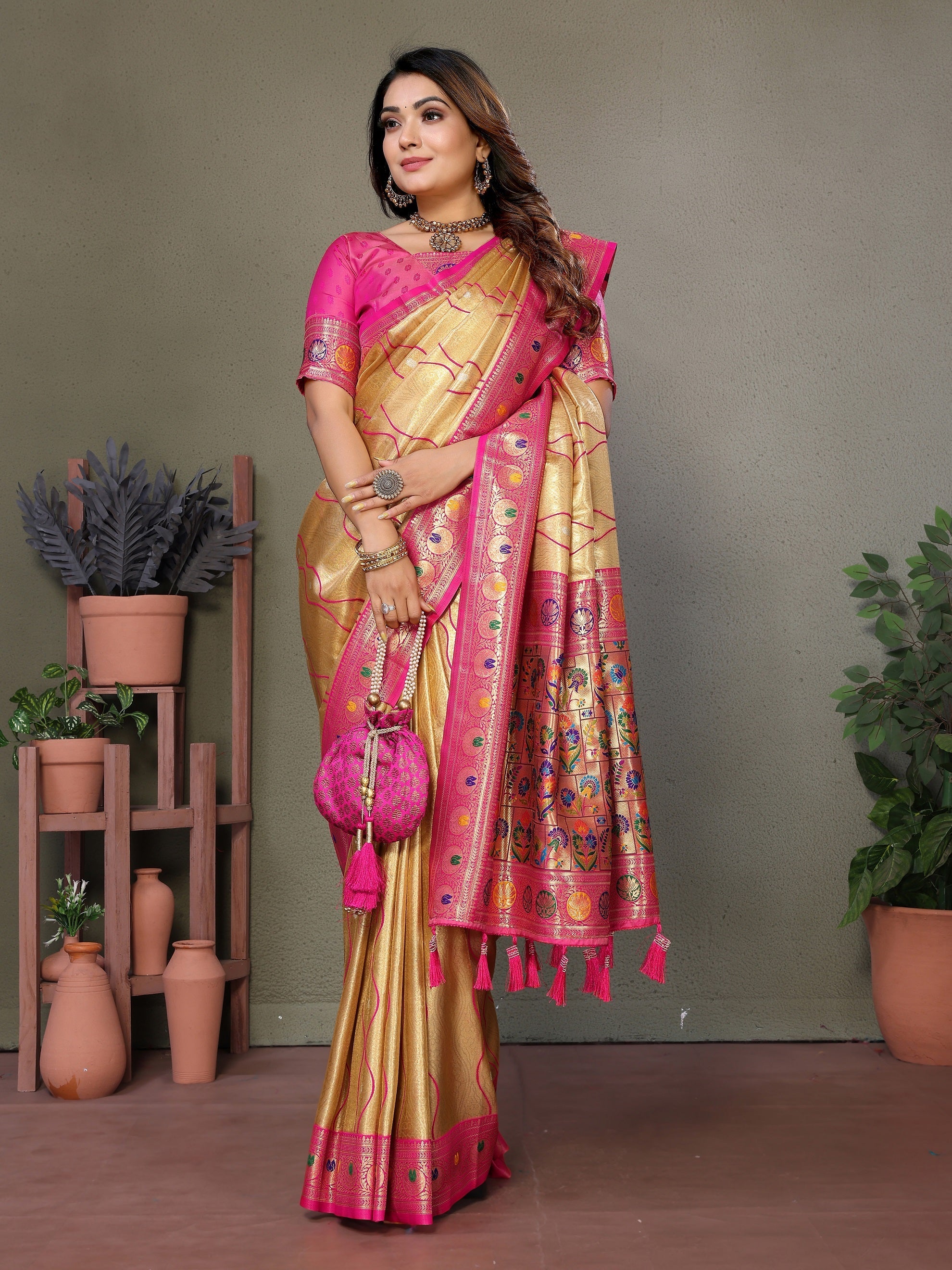 Vedant Vastram Tissue Silk Leheriya Design Kanjeevaram Silk Saree - Gold