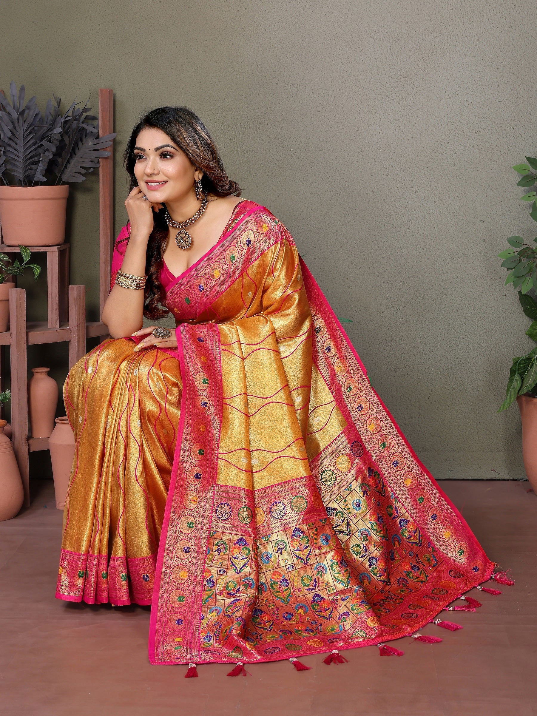 Vedant Vastram Tissue Silk Leheriya Design Kanjeevaram Silk Saree - Mustard