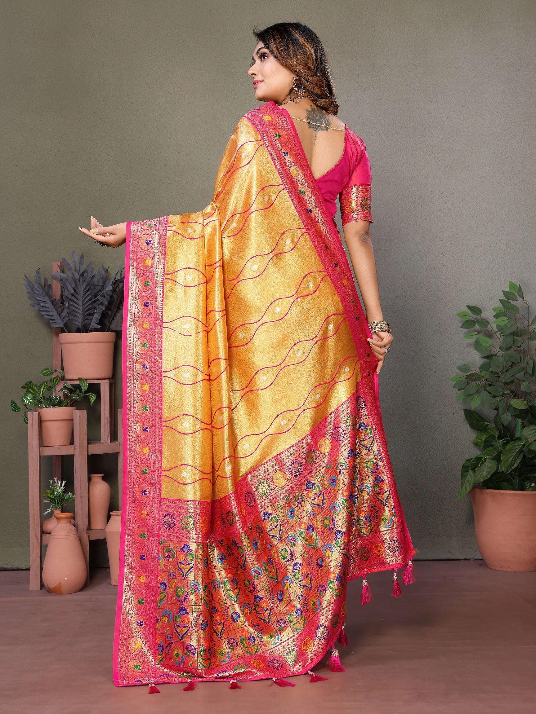 Vedant Vastram Tissue Silk Leheriya Design Kanjeevaram Silk Saree - Mustard