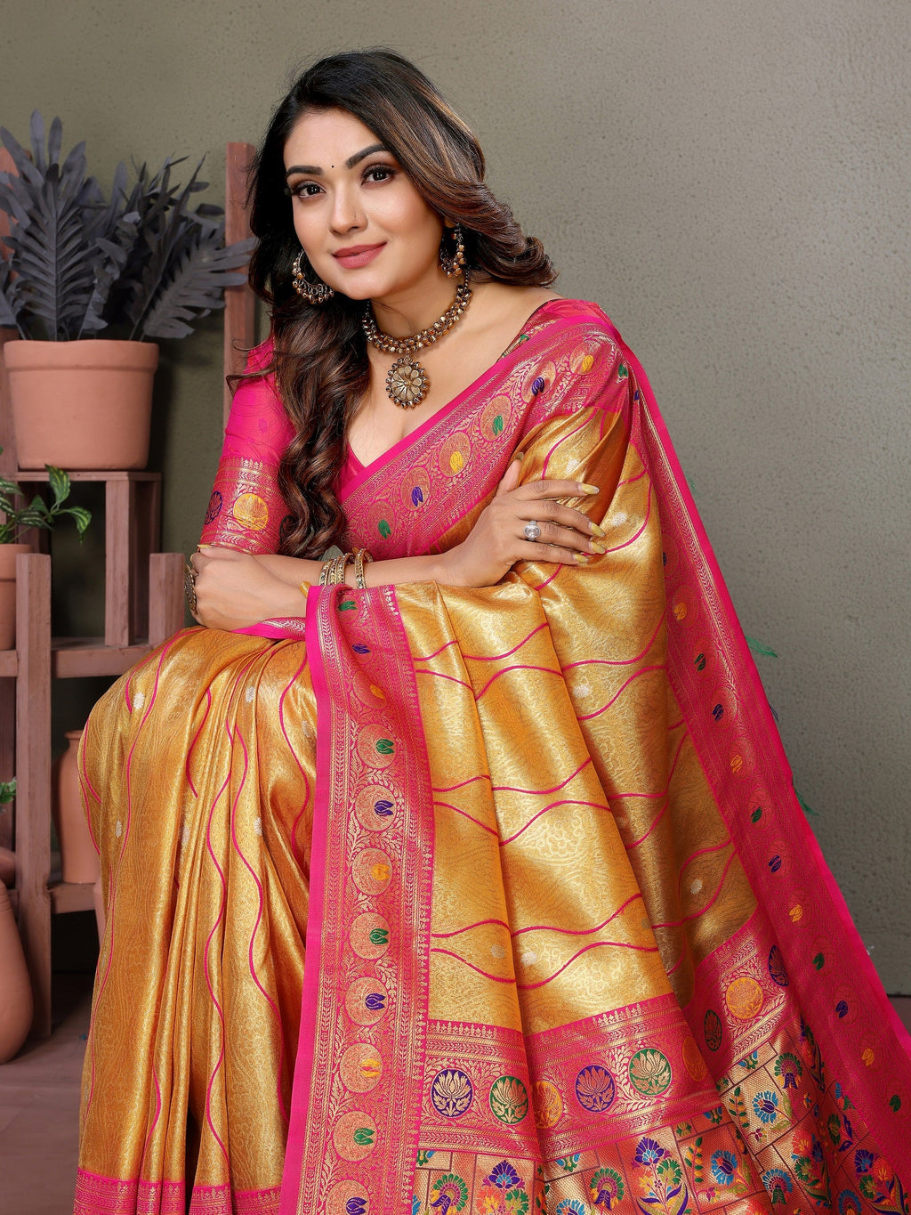 Vedant Vastram Tissue Silk Leheriya Design Kanjeevaram Silk Saree - Mustard