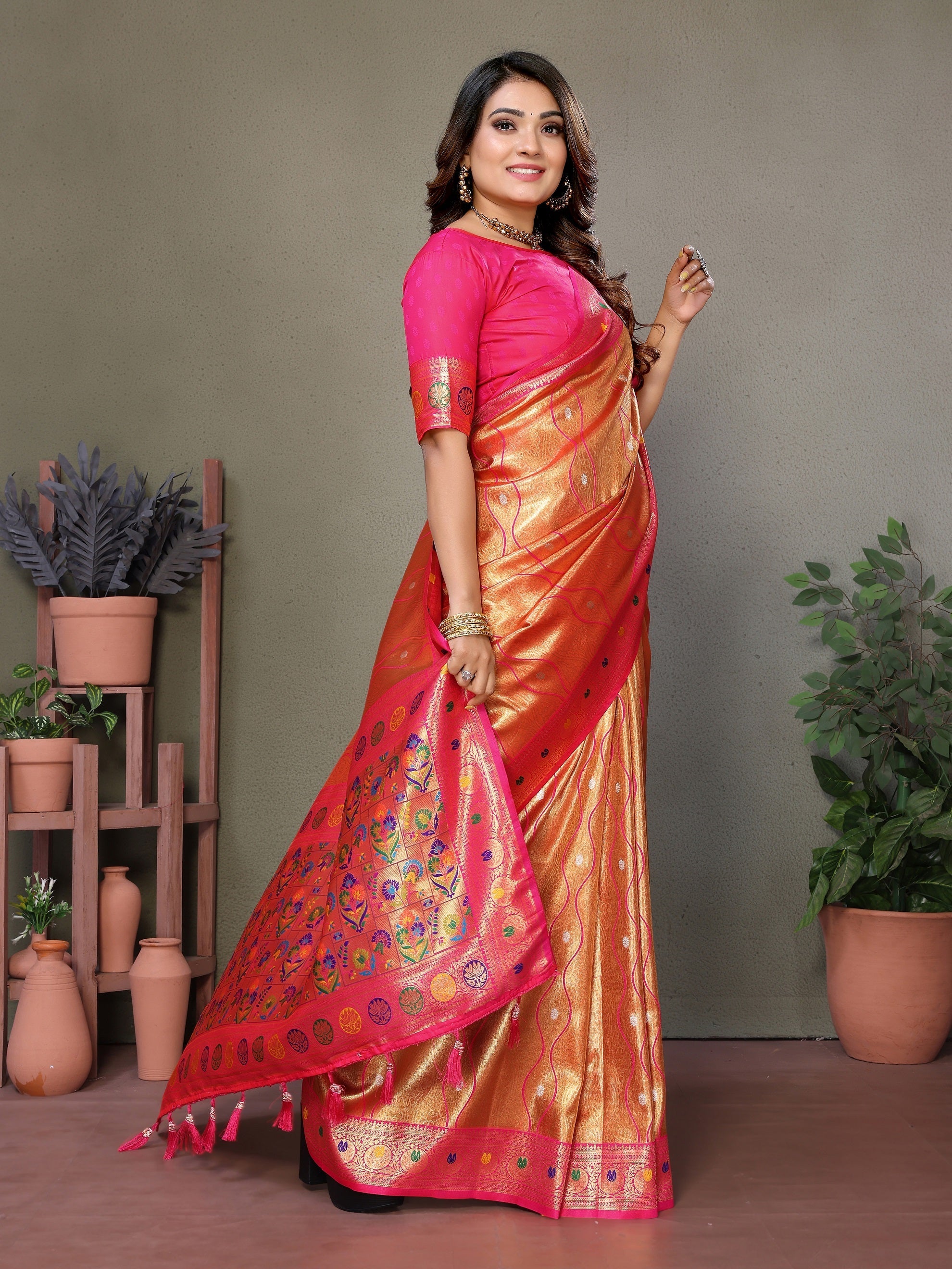Vedant Vastram Tissue Silk Leheriya Design Kanjeevaram Silk Saree - Orange