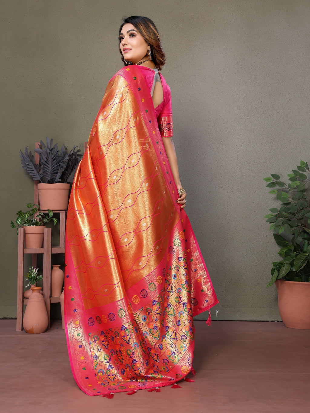 Vedant Vastram Tissue Silk Leheriya Design Kanjeevaram Silk Saree - Orange