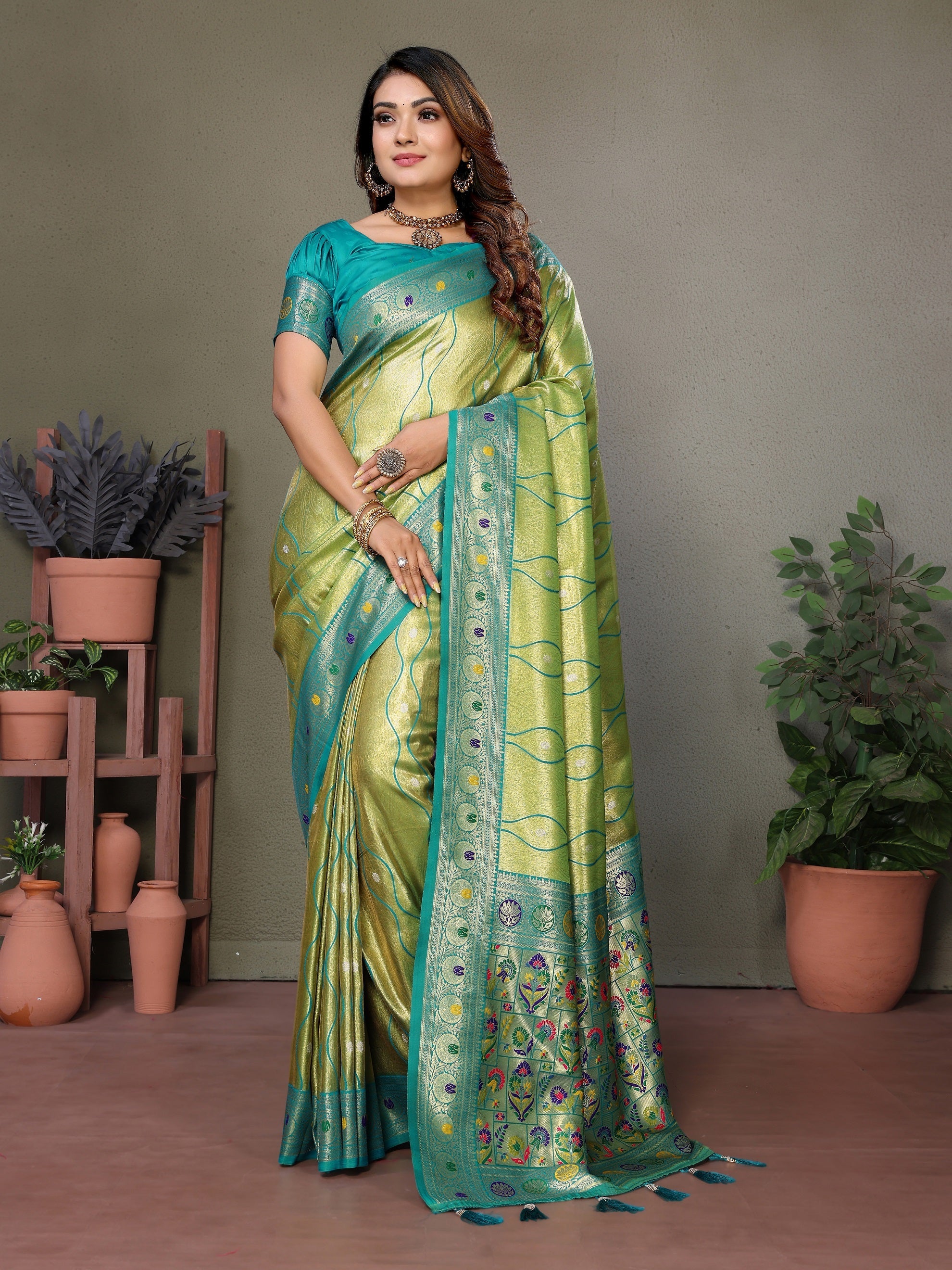 Vedant Vastram Tissue Silk Leheriya Design Kanjeevaram Silk Saree - Parrot