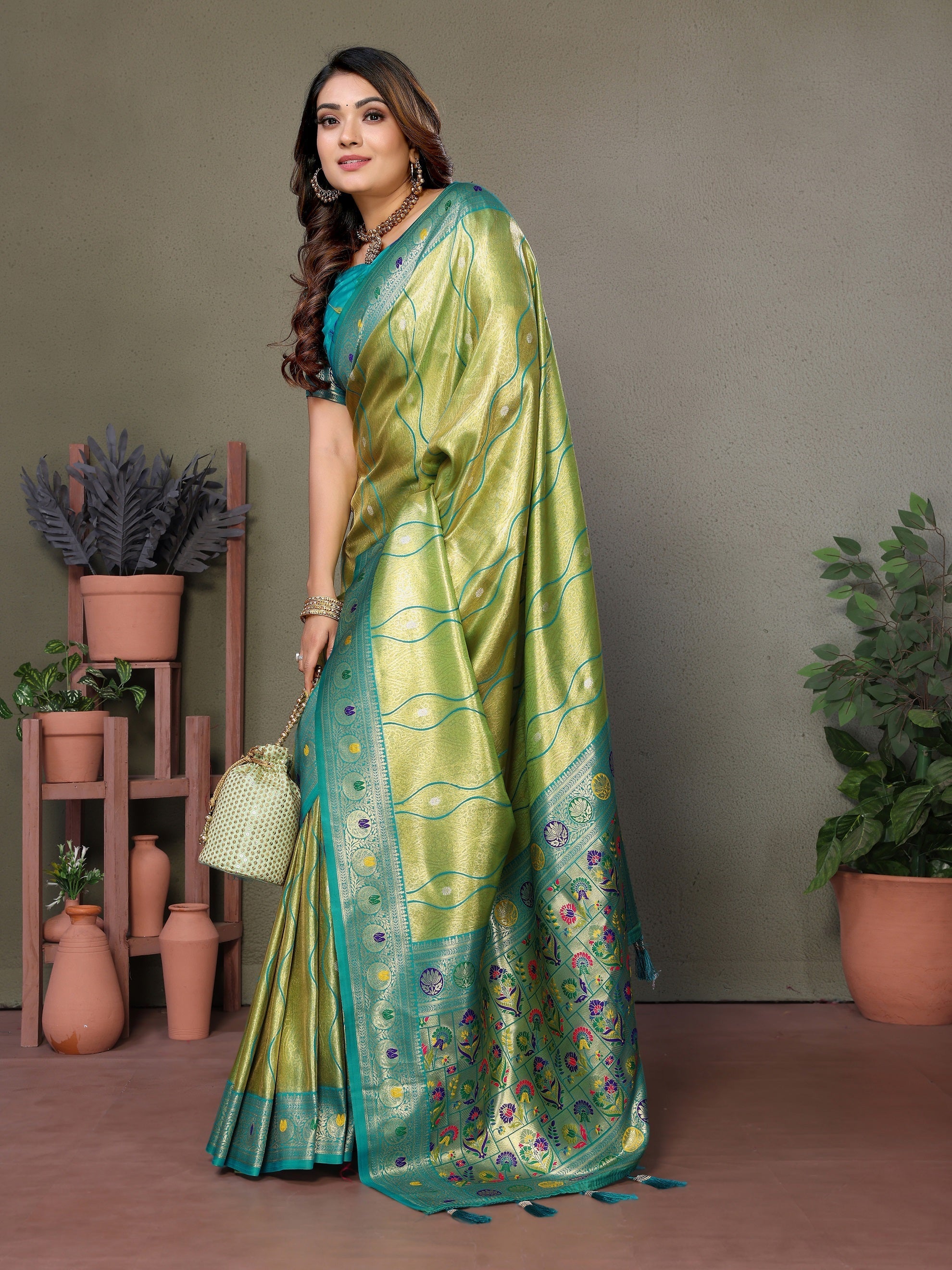 Vedant Vastram Tissue Silk Leheriya Design Kanjeevaram Silk Saree - Parrot