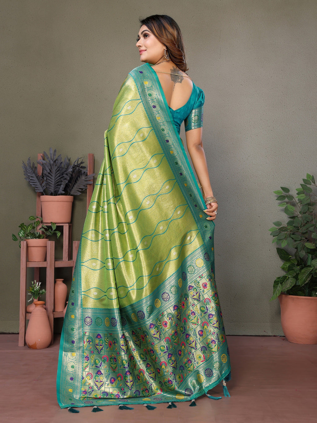 Vedant Vastram Tissue Silk Leheriya Design Kanjeevaram Silk Saree - Parrot