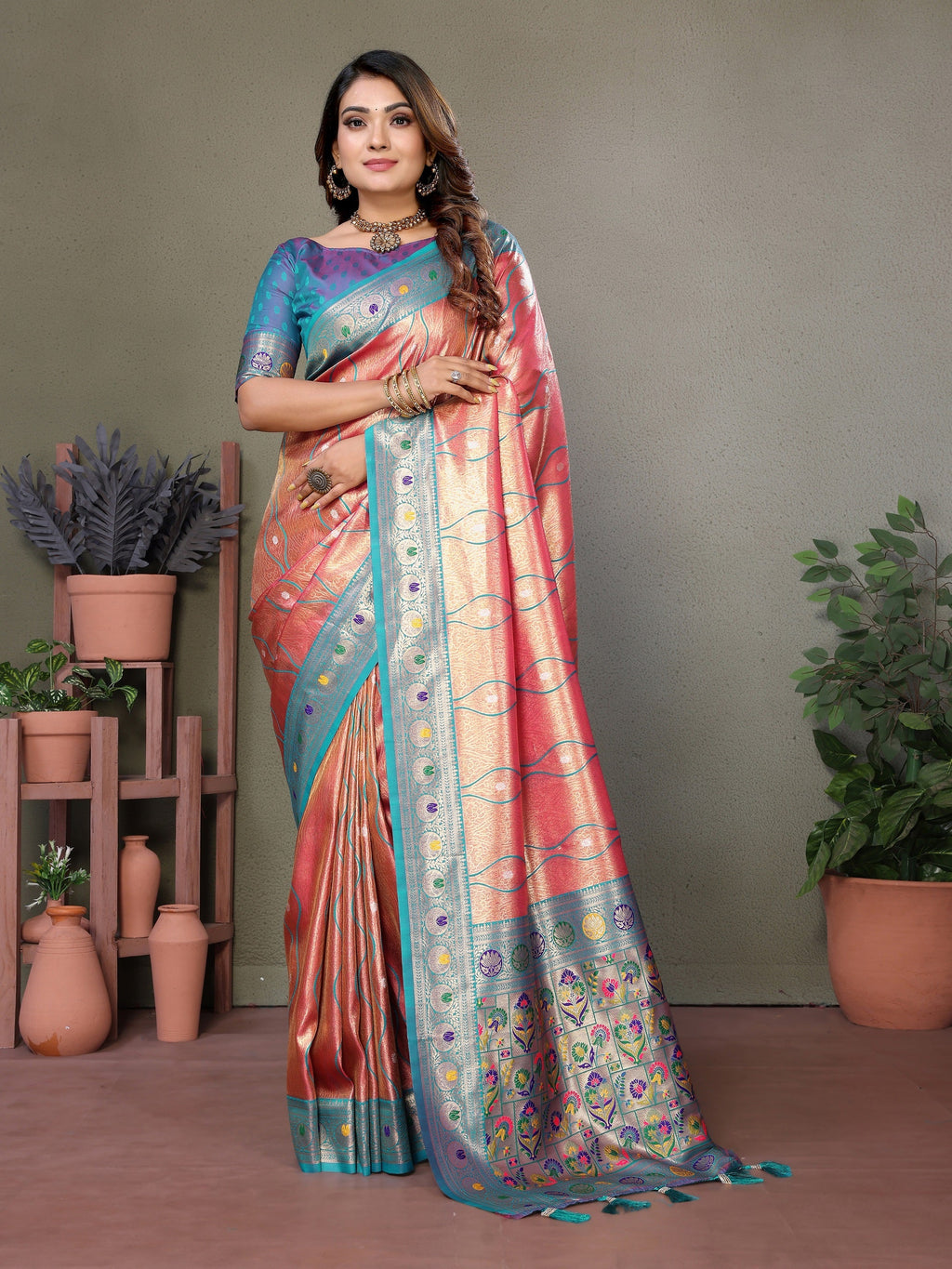 Vedant Vastram Tissue Silk Leheriya Design Kanjeevaram Silk Saree - Peach