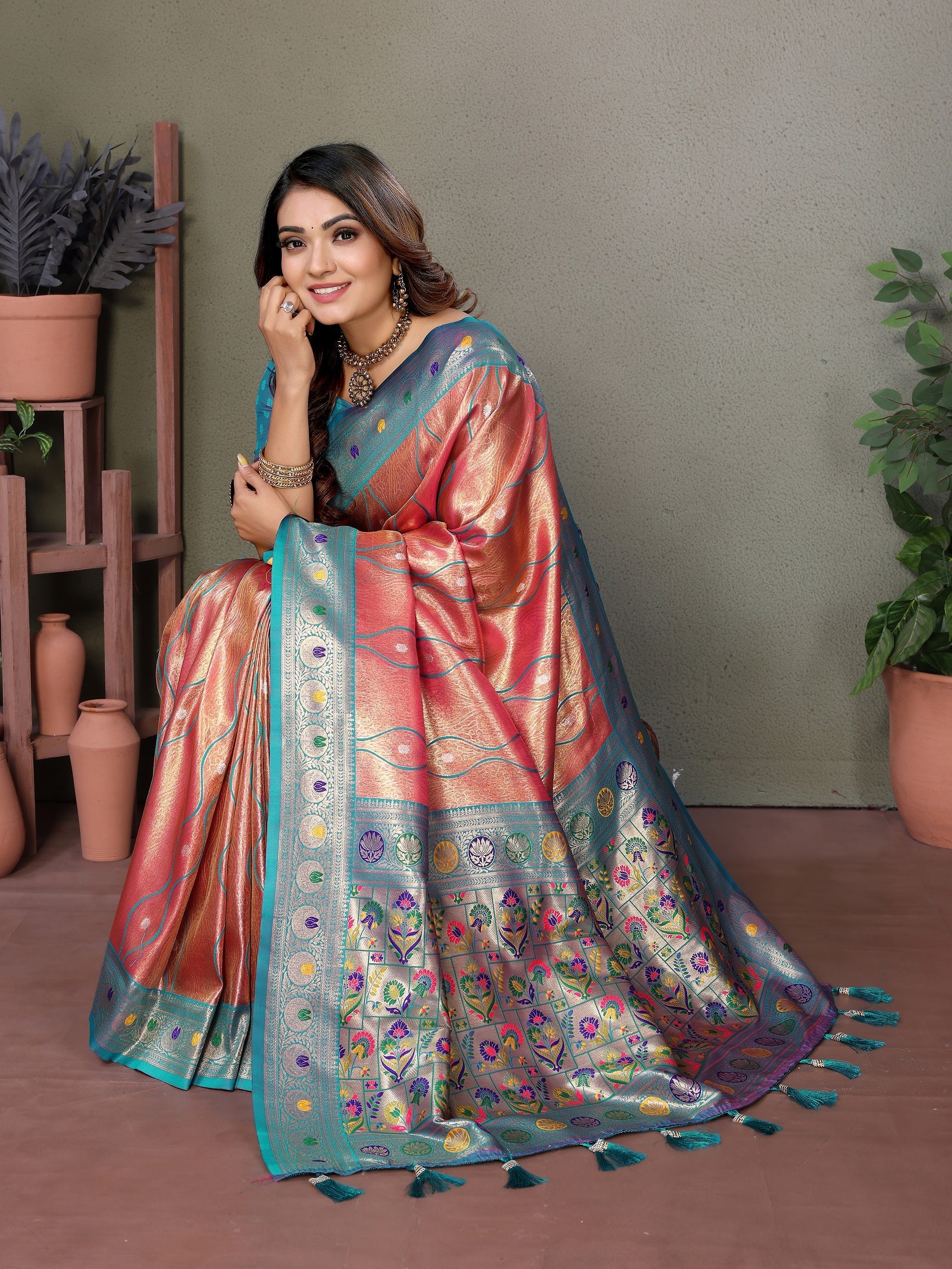 Vedant Vastram Tissue Silk Leheriya Design Kanjeevaram Silk Saree - Peach