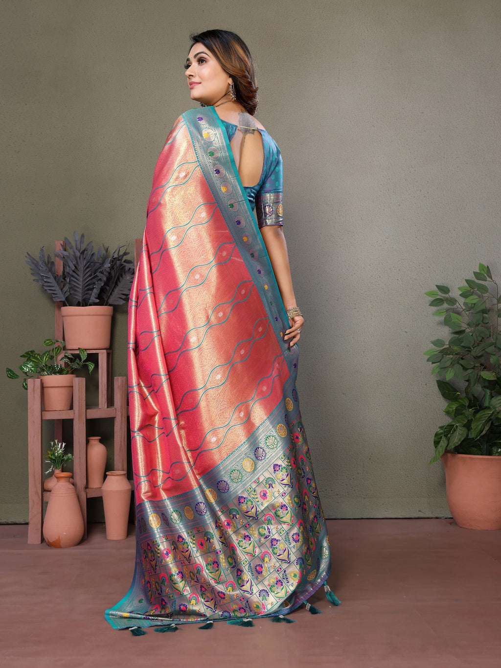 Vedant Vastram Tissue Silk Leheriya Design Kanjeevaram Silk Saree - Peach