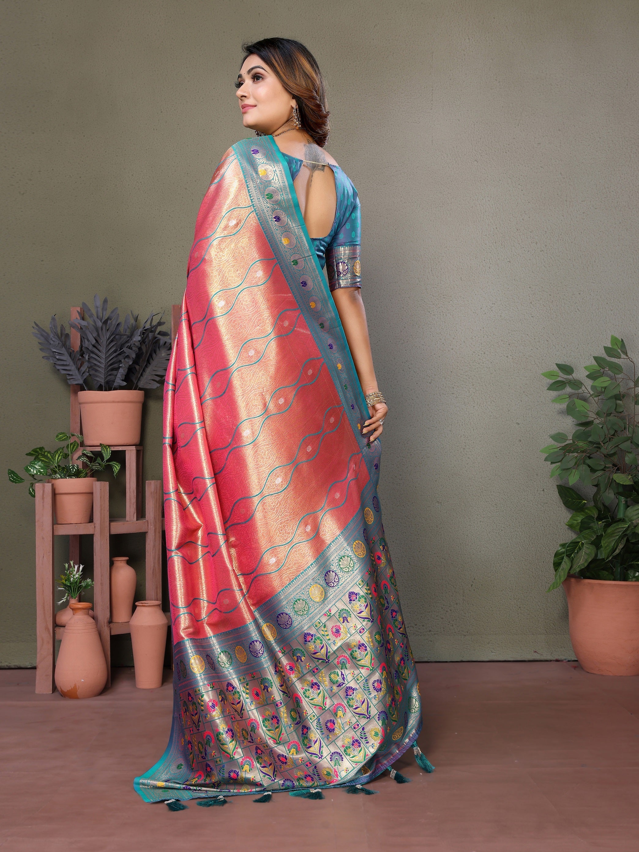 Vedant Vastram Tissue Silk Leheriya Design Kanjeevaram Silk Saree - Peach