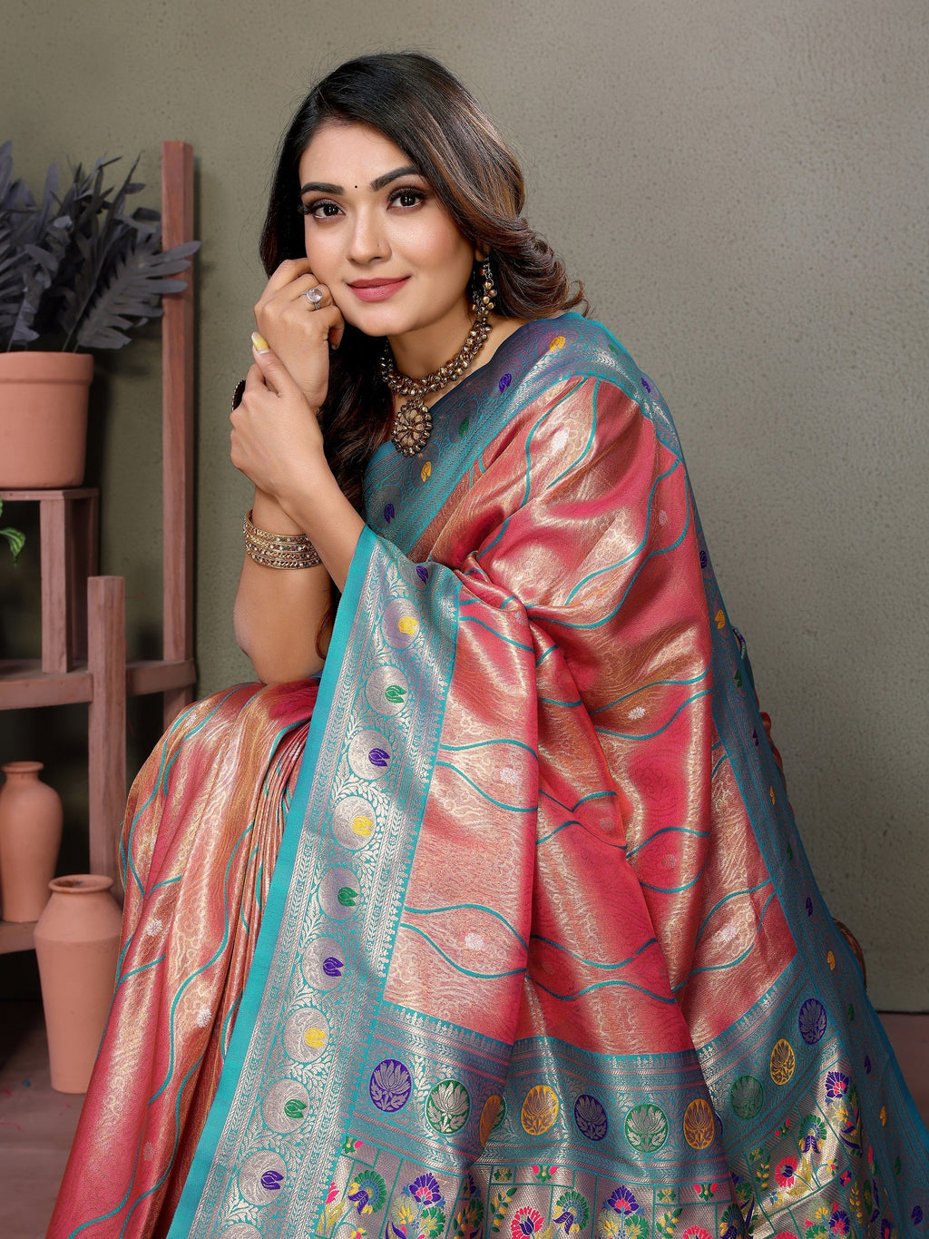 Vedant Vastram Tissue Silk Leheriya Design Kanjeevaram Silk Saree - Peach