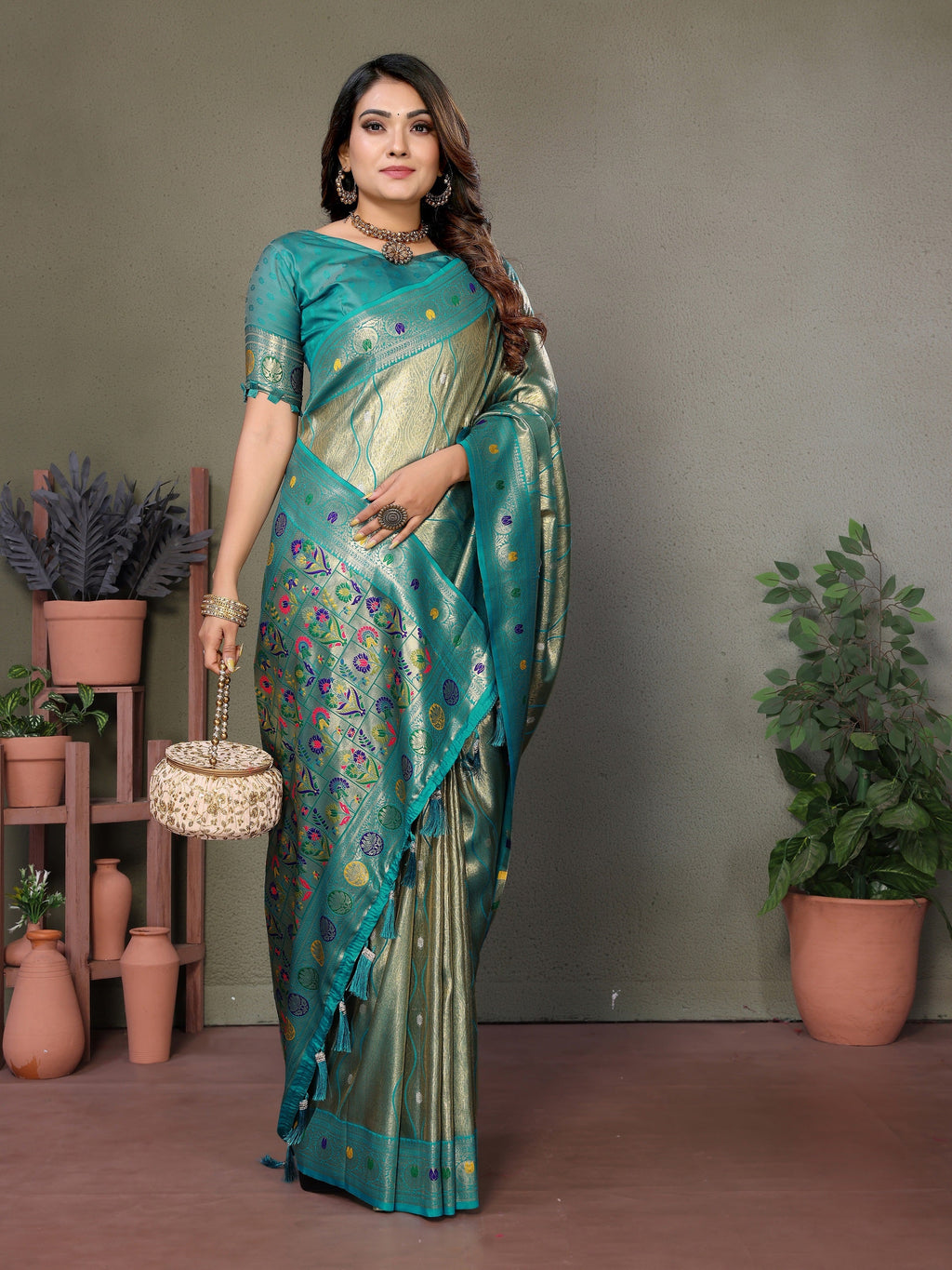 Vedant Vastram Tissue Silk Leheriya Design Kanjeevaram Silk Saree - Rama