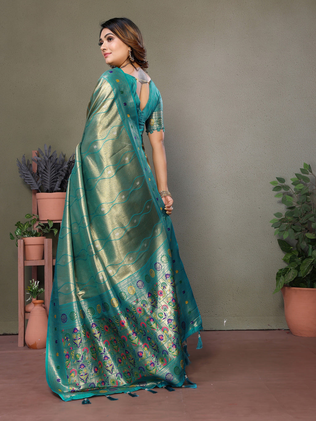 Vedant Vastram Tissue Silk Leheriya Design Kanjeevaram Silk Saree - Rama