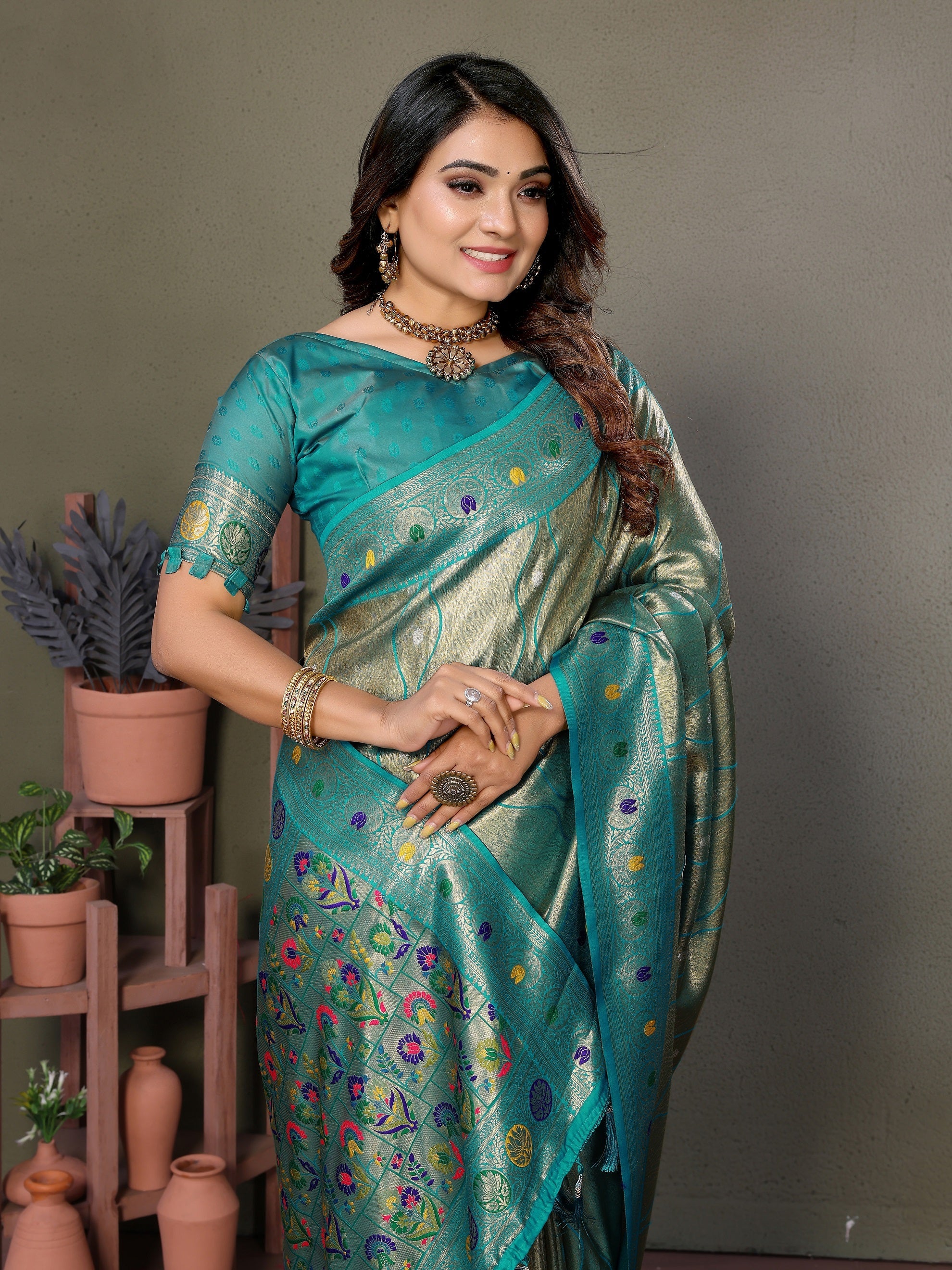 Vedant Vastram Tissue Silk Leheriya Design Kanjeevaram Silk Saree - Rama