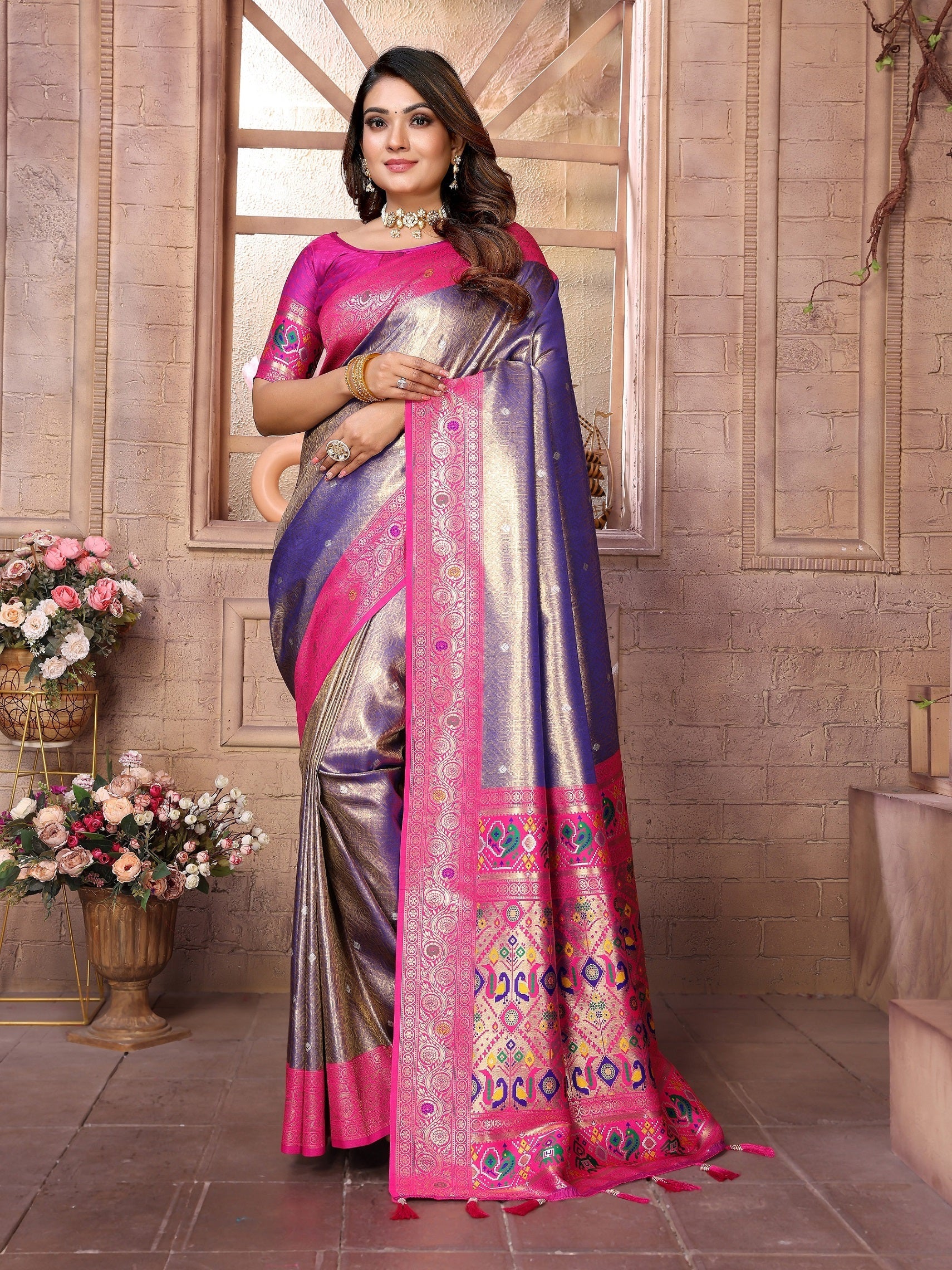 Vedant Vastram Tissue Silk Paithani Silk Saree - Blue