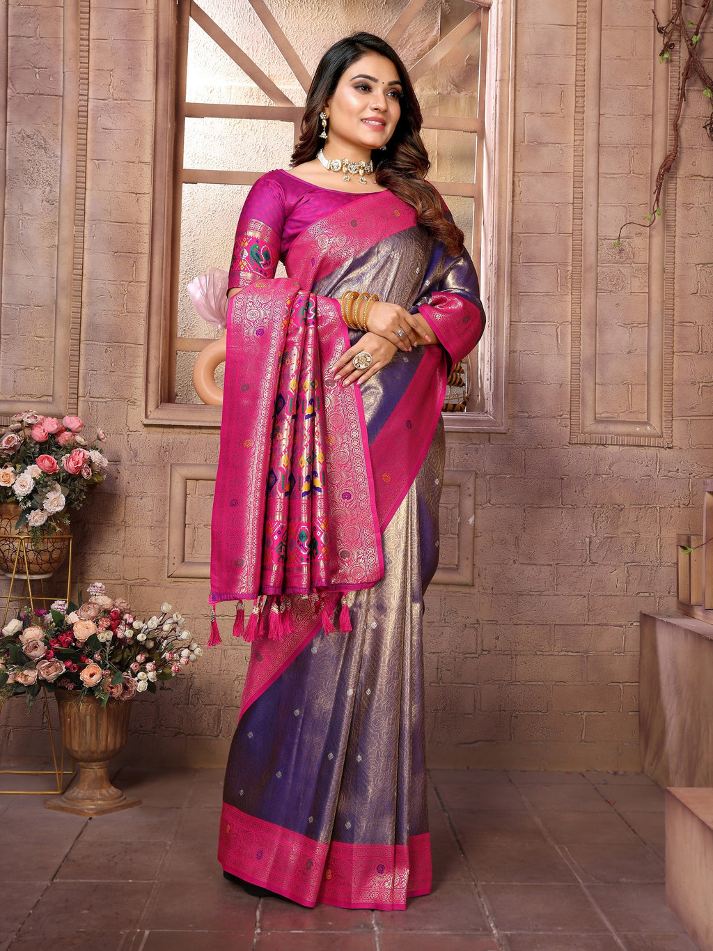 Vedant Vastram Tissue Silk Paithani Silk Saree - Blue
