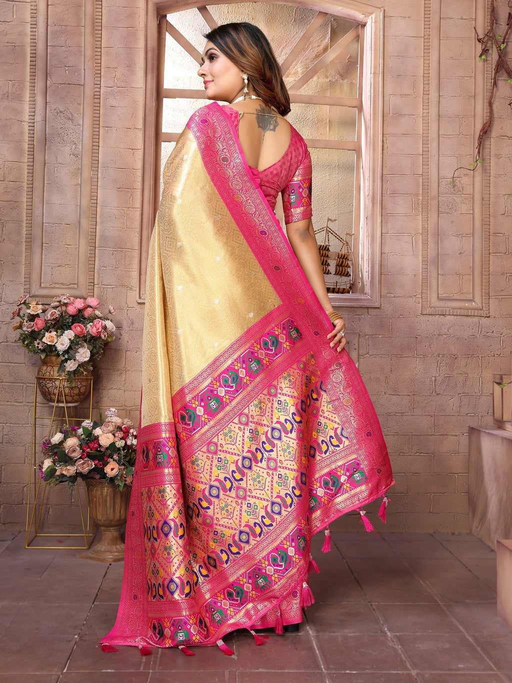 Vedant Vastram Tissue Silk Paithani Silk Saree - Cream