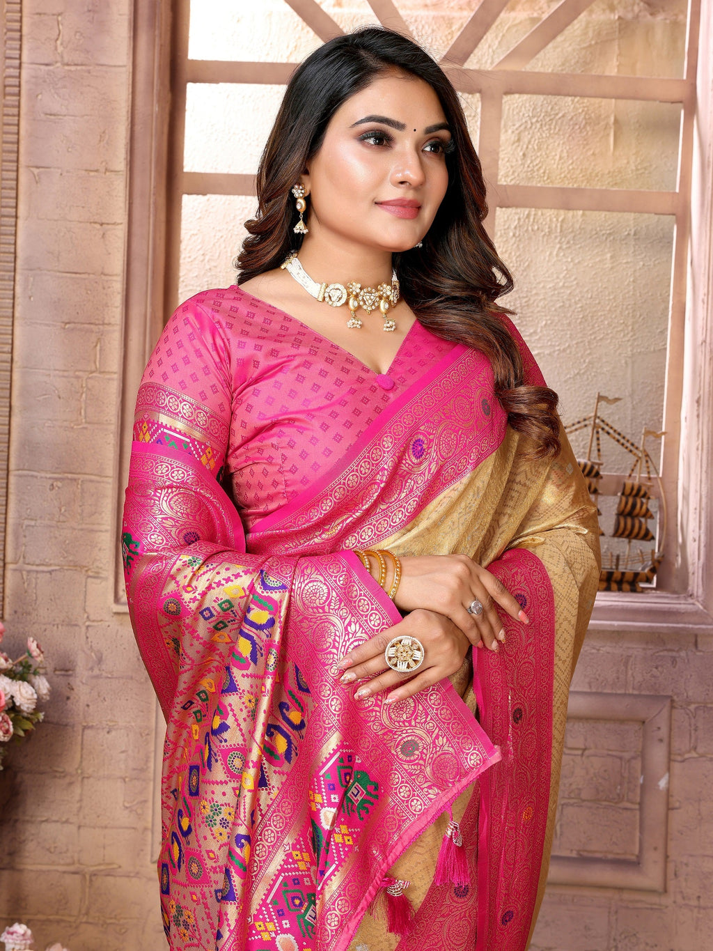 Vedant Vastram Tissue Silk Paithani Silk Saree - Cream