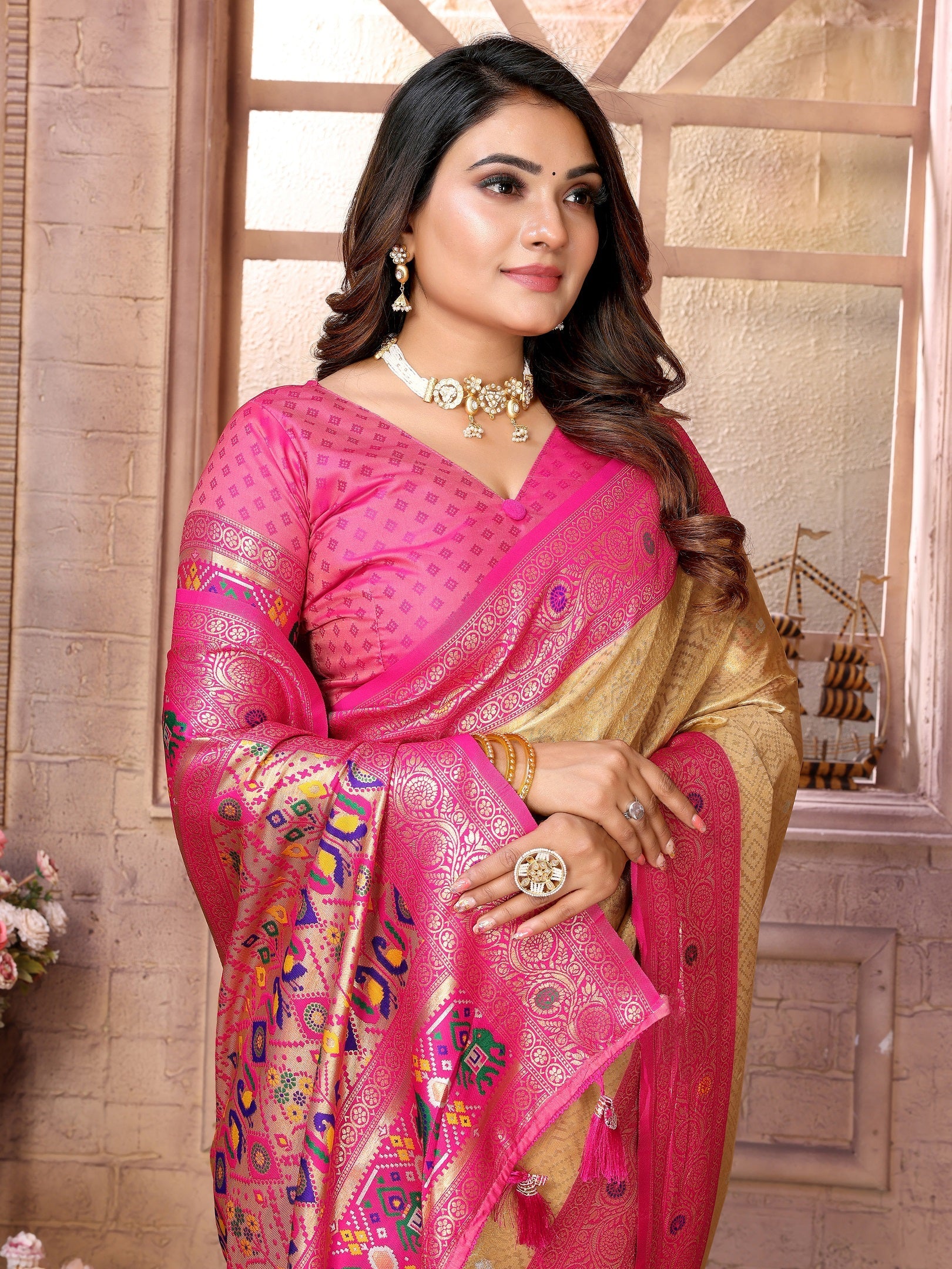 Vedant Vastram Tissue Silk Paithani Silk Saree - Cream