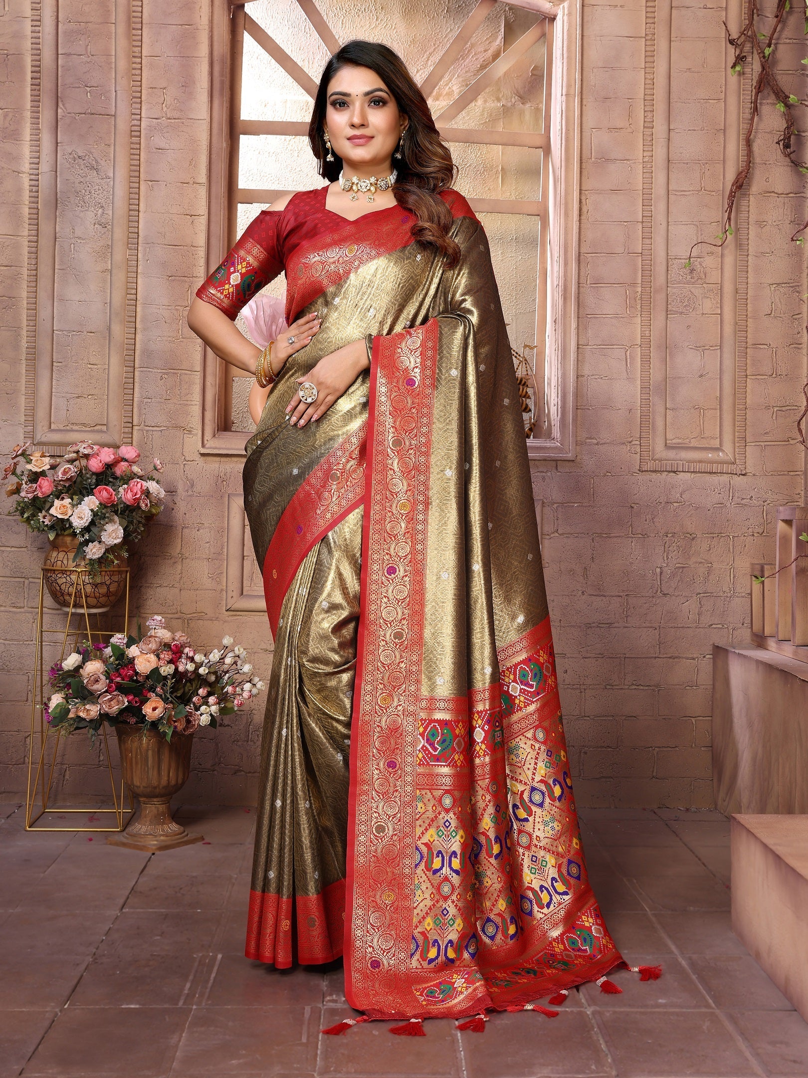 Vedant Vastram Tissue Silk Paithani Silk Saree - Gold
