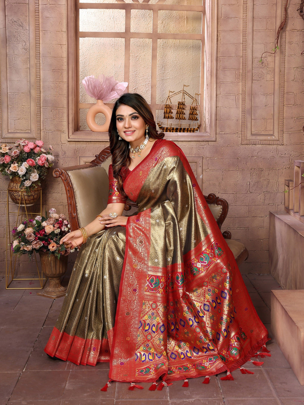 Vedant Vastram Tissue Silk Paithani Silk Saree - Gold