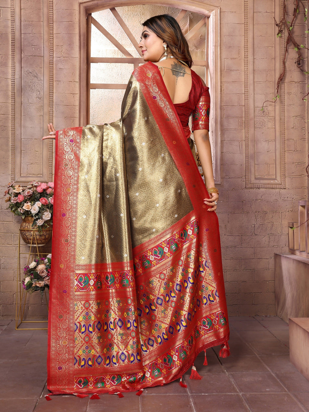 Vedant Vastram Tissue Silk Paithani Silk Saree - Gold