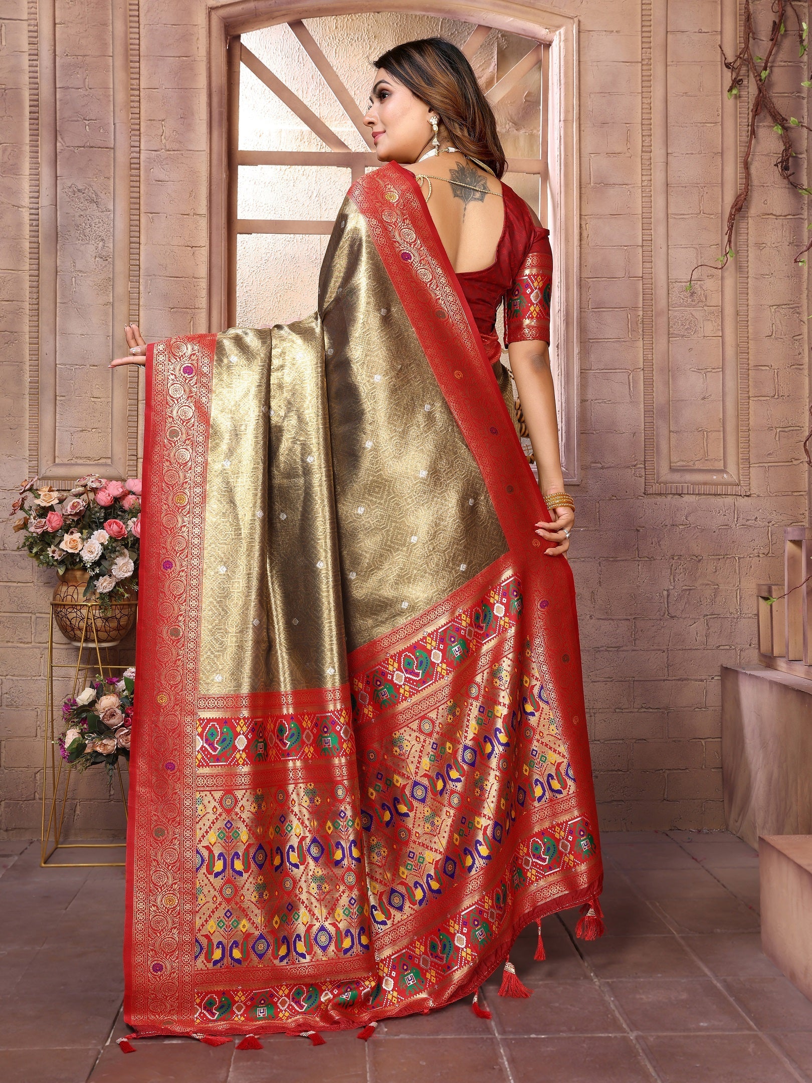 Vedant Vastram Tissue Silk Paithani Silk Saree - Gold