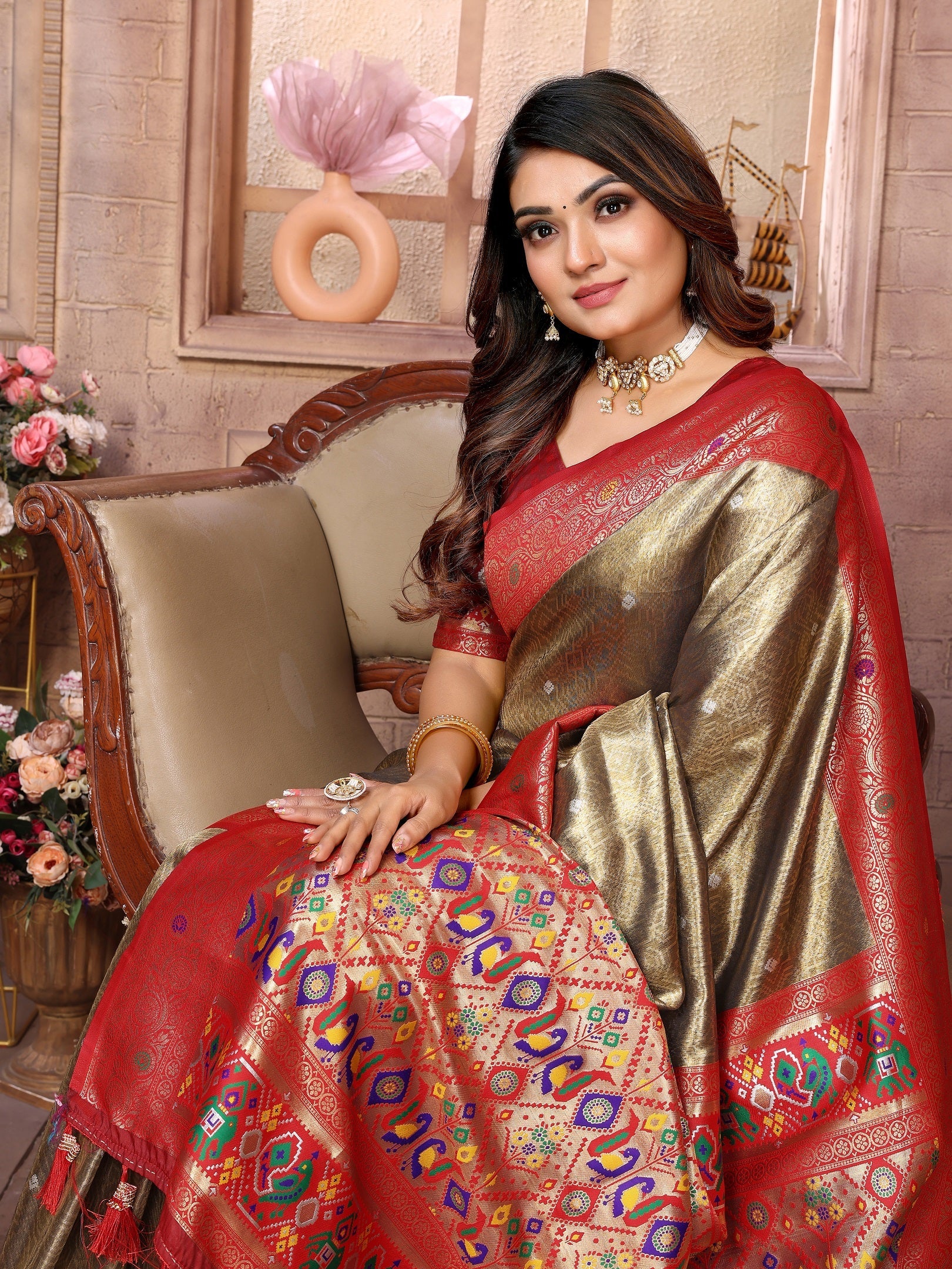 Vedant Vastram Tissue Silk Paithani Silk Saree - Gold