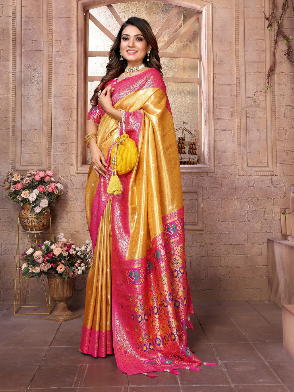 Vedant Vastram Tissue Silk Paithani Silk Saree - Mustard