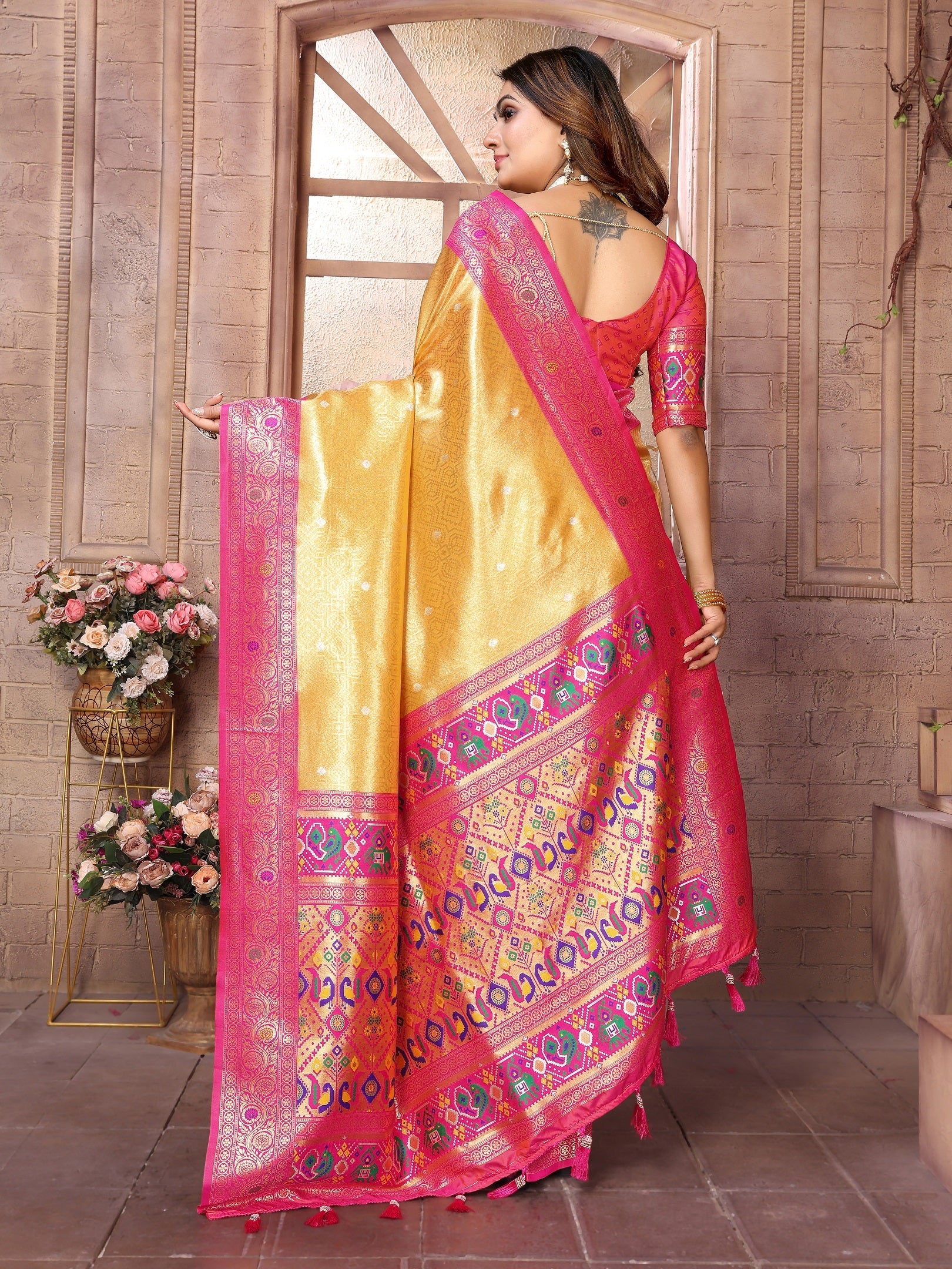 Vedant Vastram Tissue Silk Paithani Silk Saree - Mustard