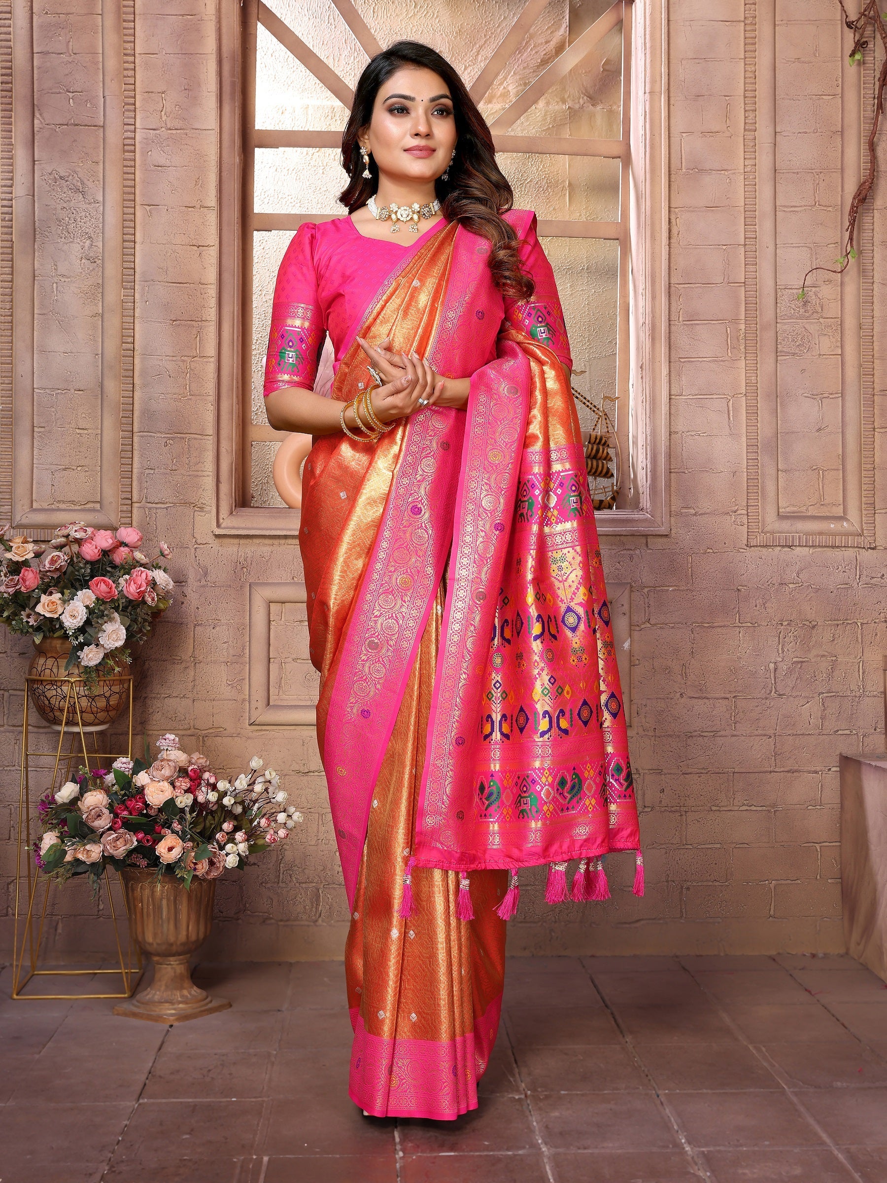 Vedant Vastram Tissue Silk Paithani Silk Saree - Orange