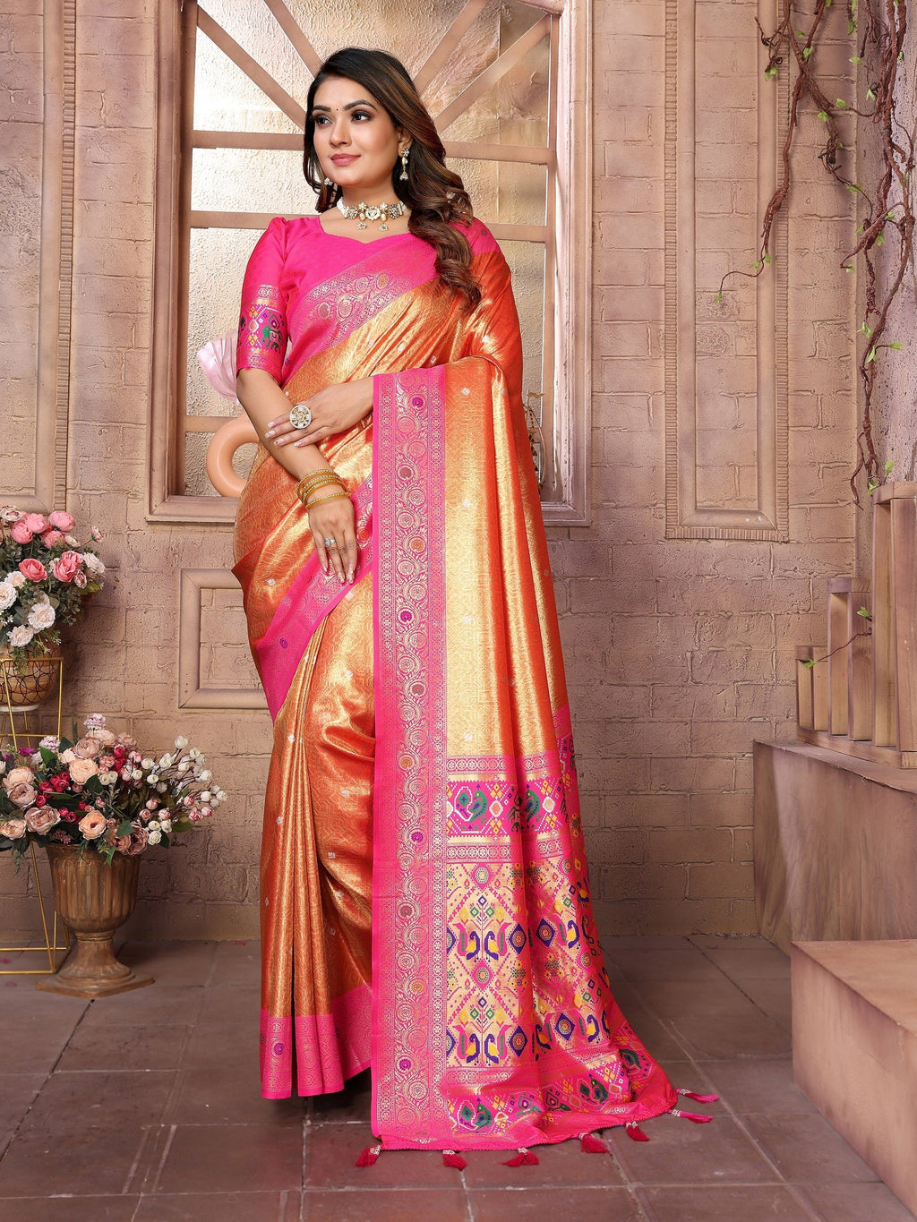 Vedant Vastram Tissue Silk Paithani Silk Saree - Orange