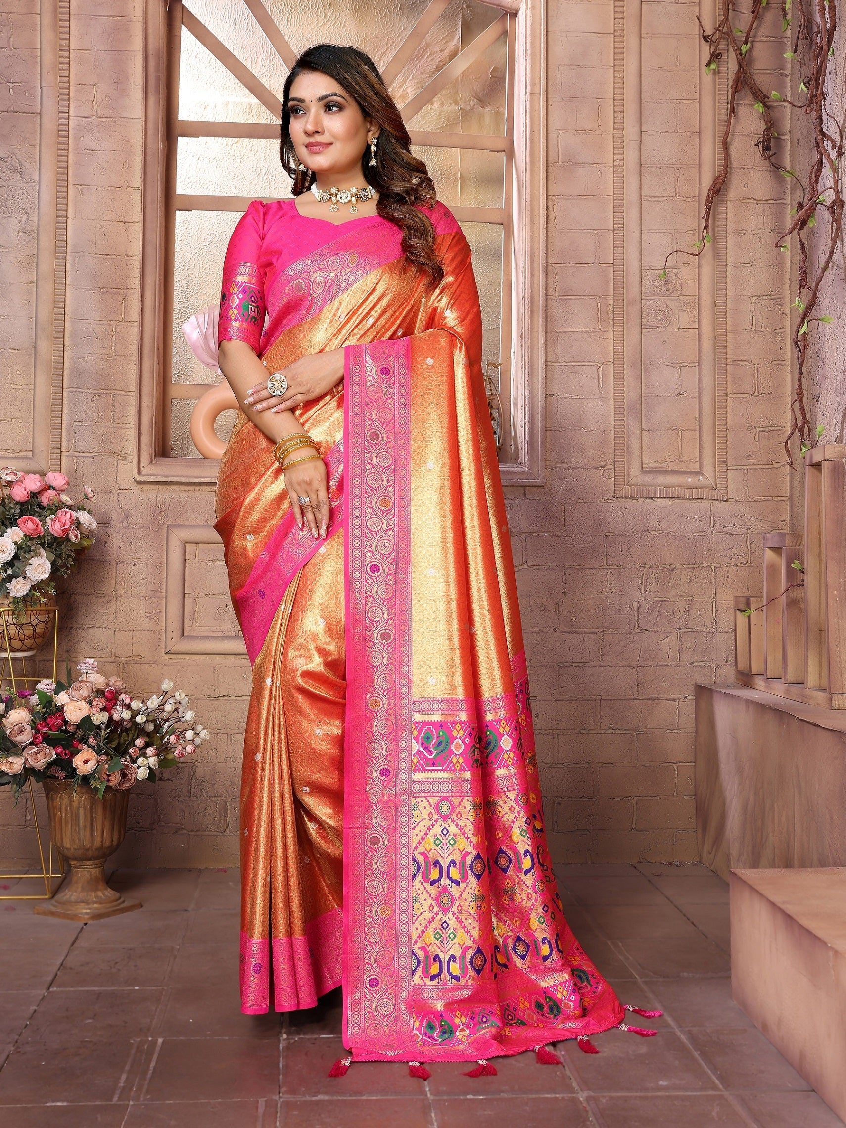 Vedant Vastram Tissue Silk Paithani Silk Saree - Orange