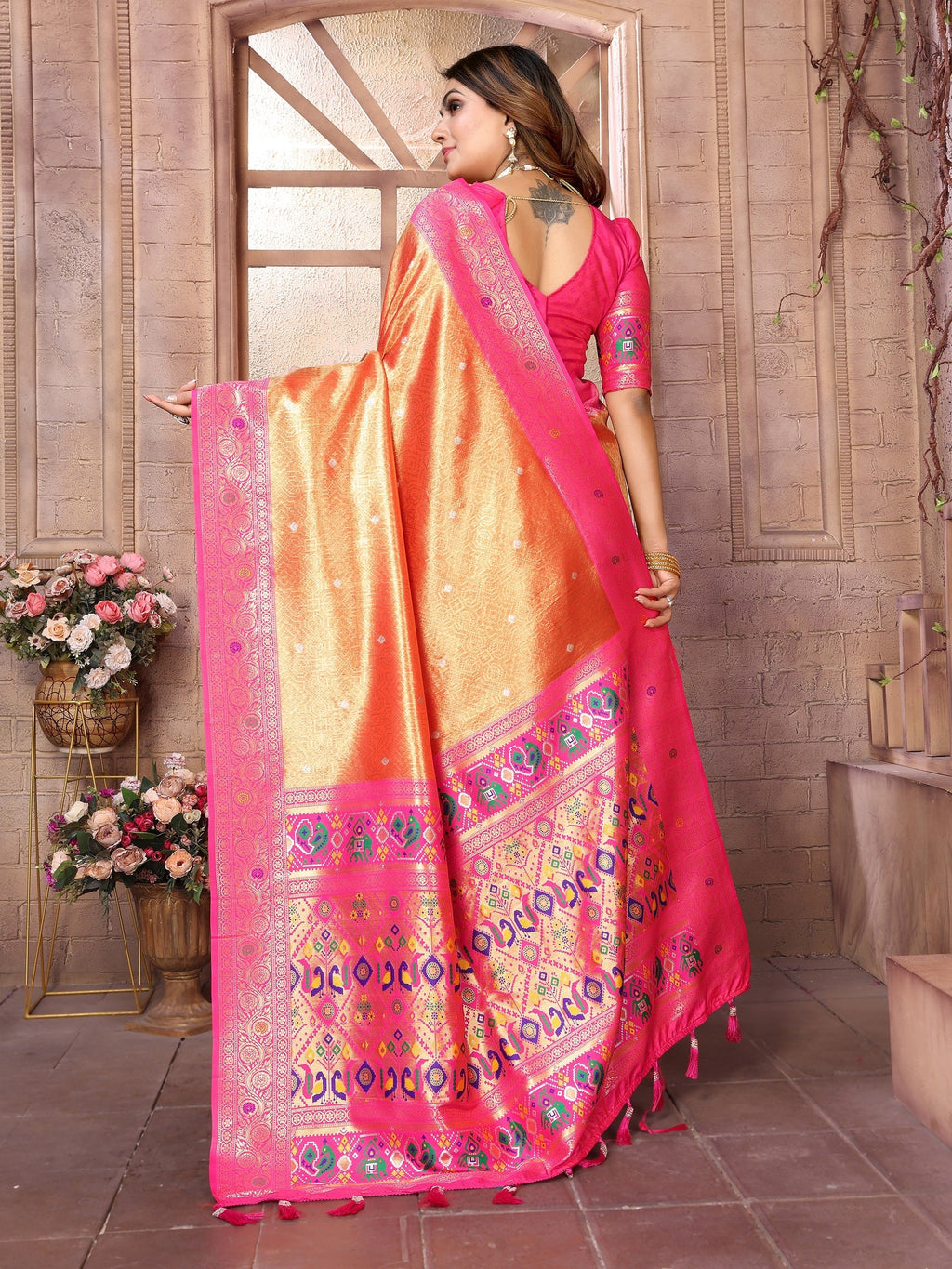 Vedant Vastram Tissue Silk Paithani Silk Saree - Orange