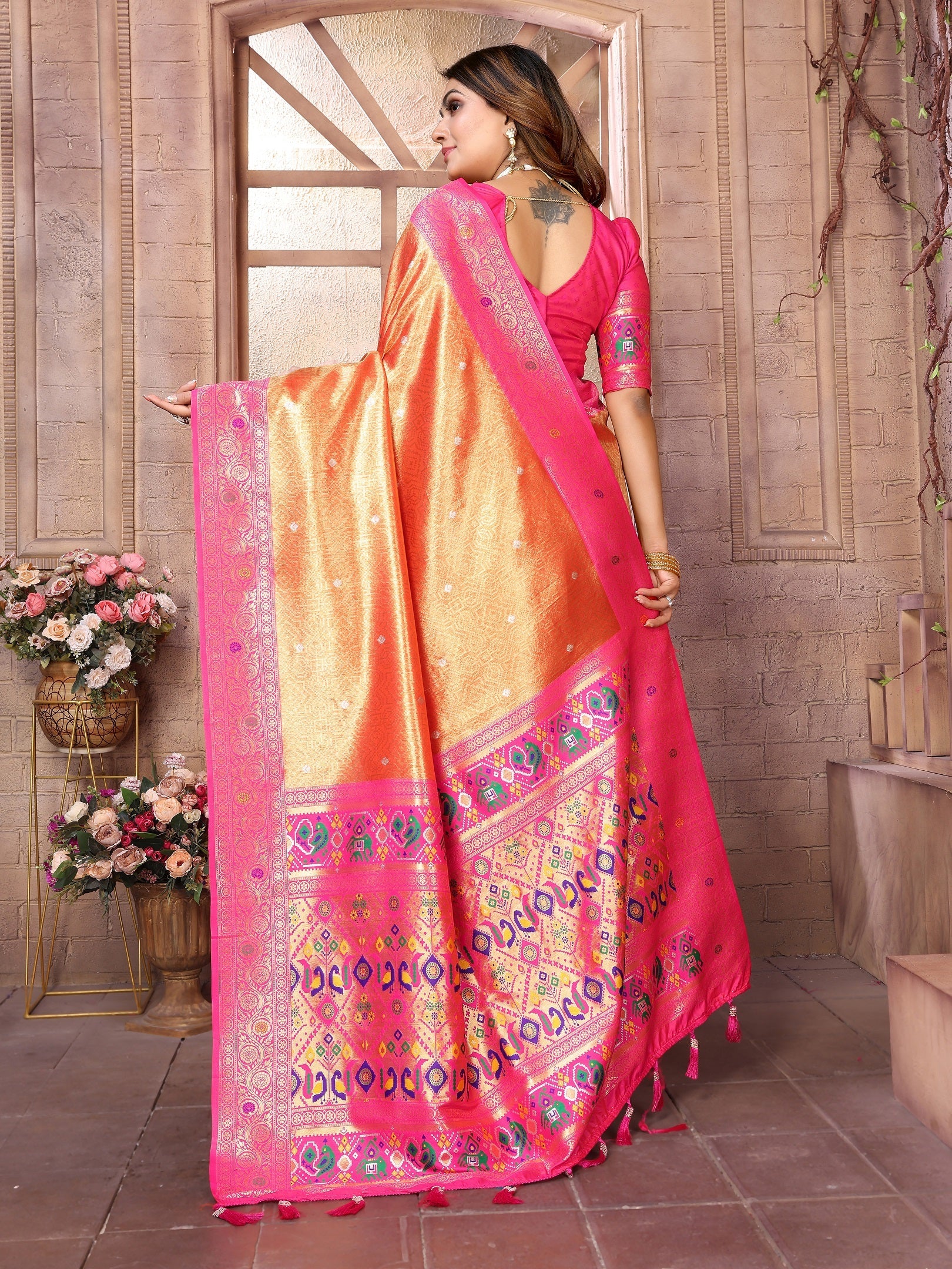 Vedant Vastram Tissue Silk Paithani Silk Saree - Orange