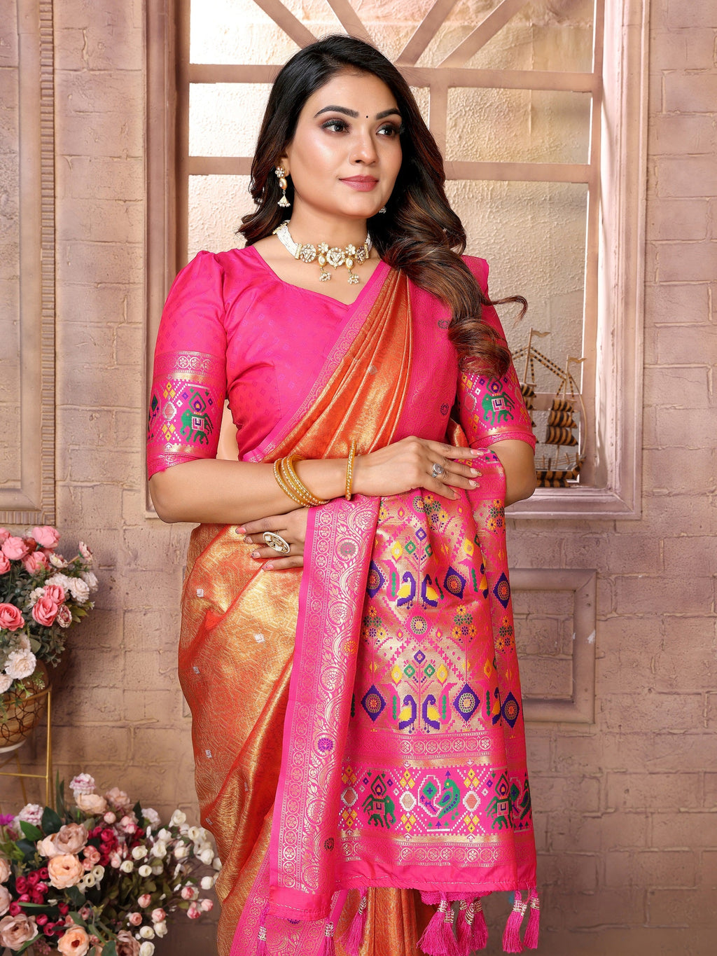Vedant Vastram Tissue Silk Paithani Silk Saree - Orange