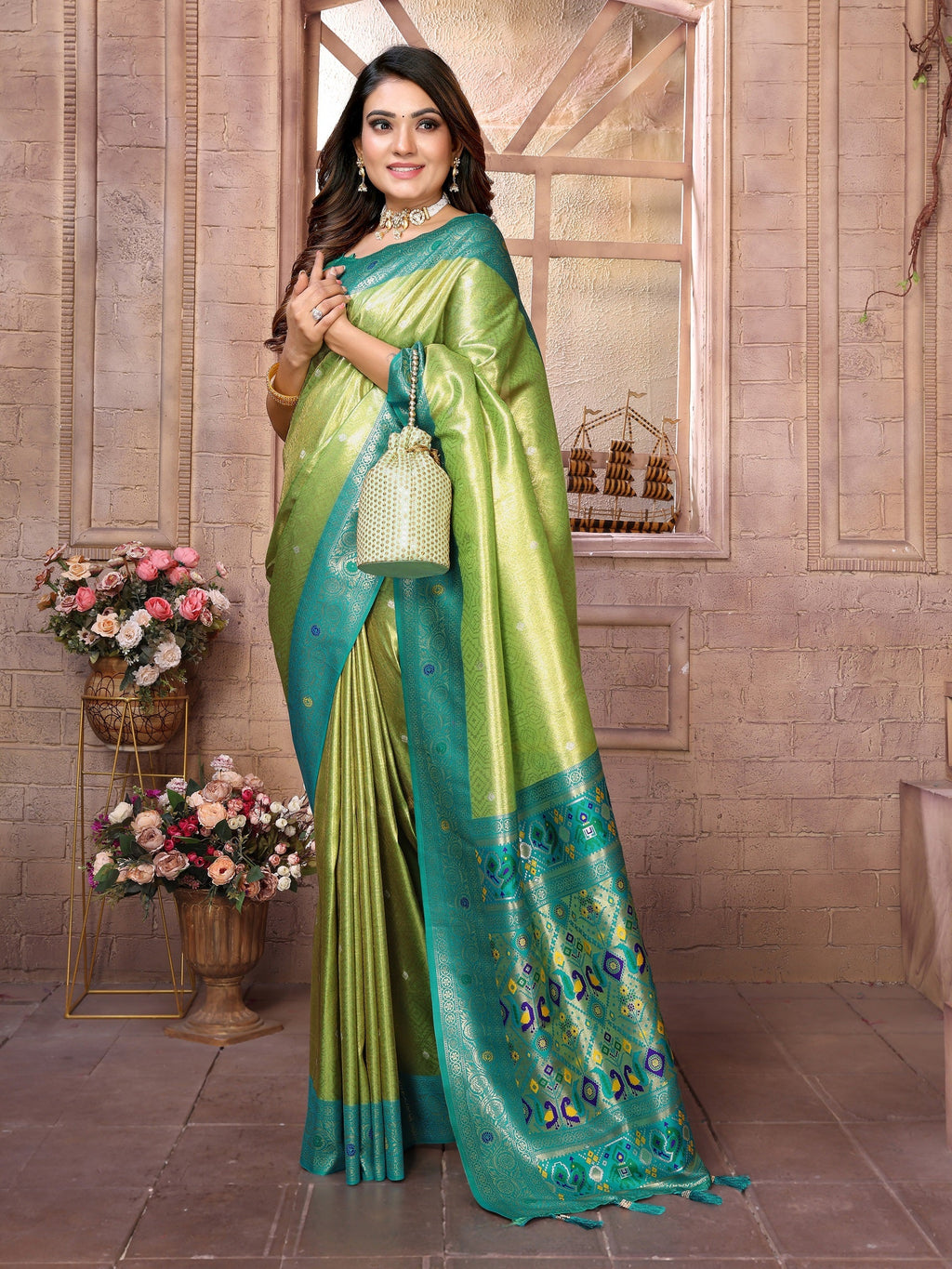 Vedant Vastram Tissue Silk Paithani Silk Saree - Parrot