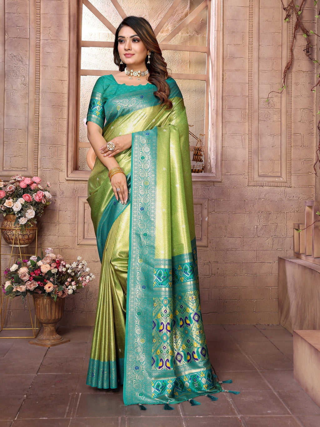Vedant Vastram Tissue Silk Paithani Silk Saree - Parrot