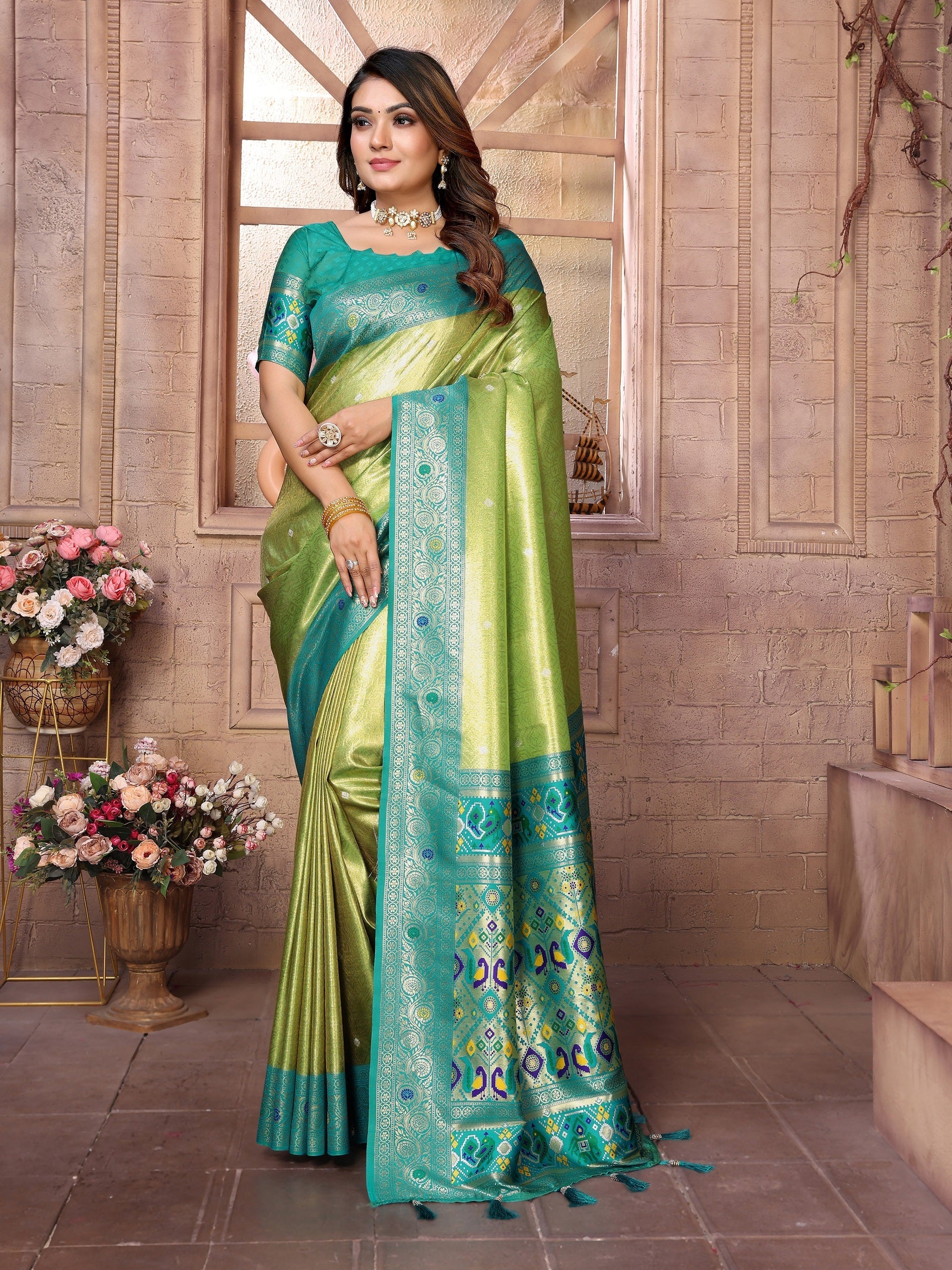 Vedant Vastram Tissue Silk Paithani Silk Saree - Parrot