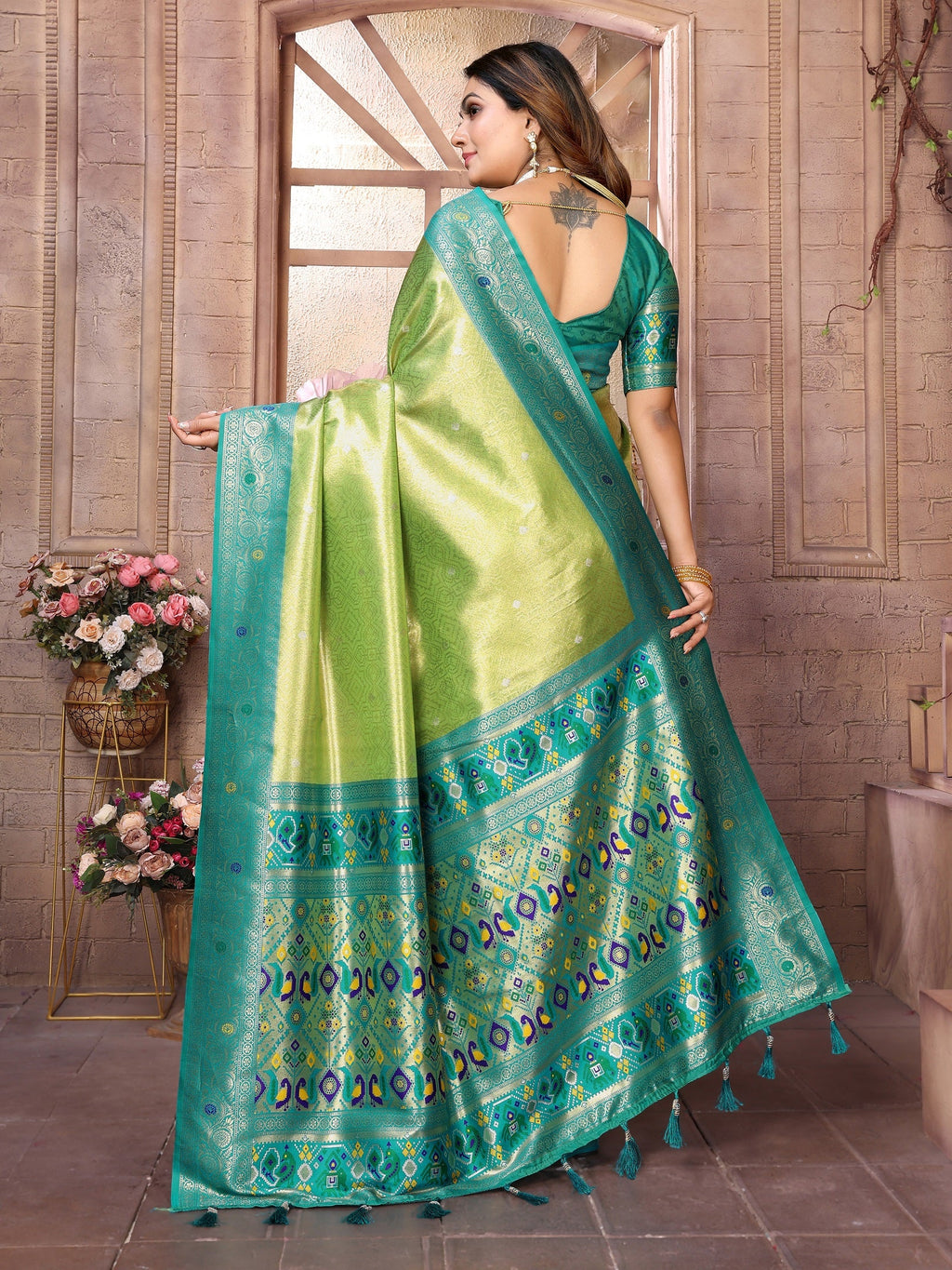 Vedant Vastram Tissue Silk Paithani Silk Saree - Parrot