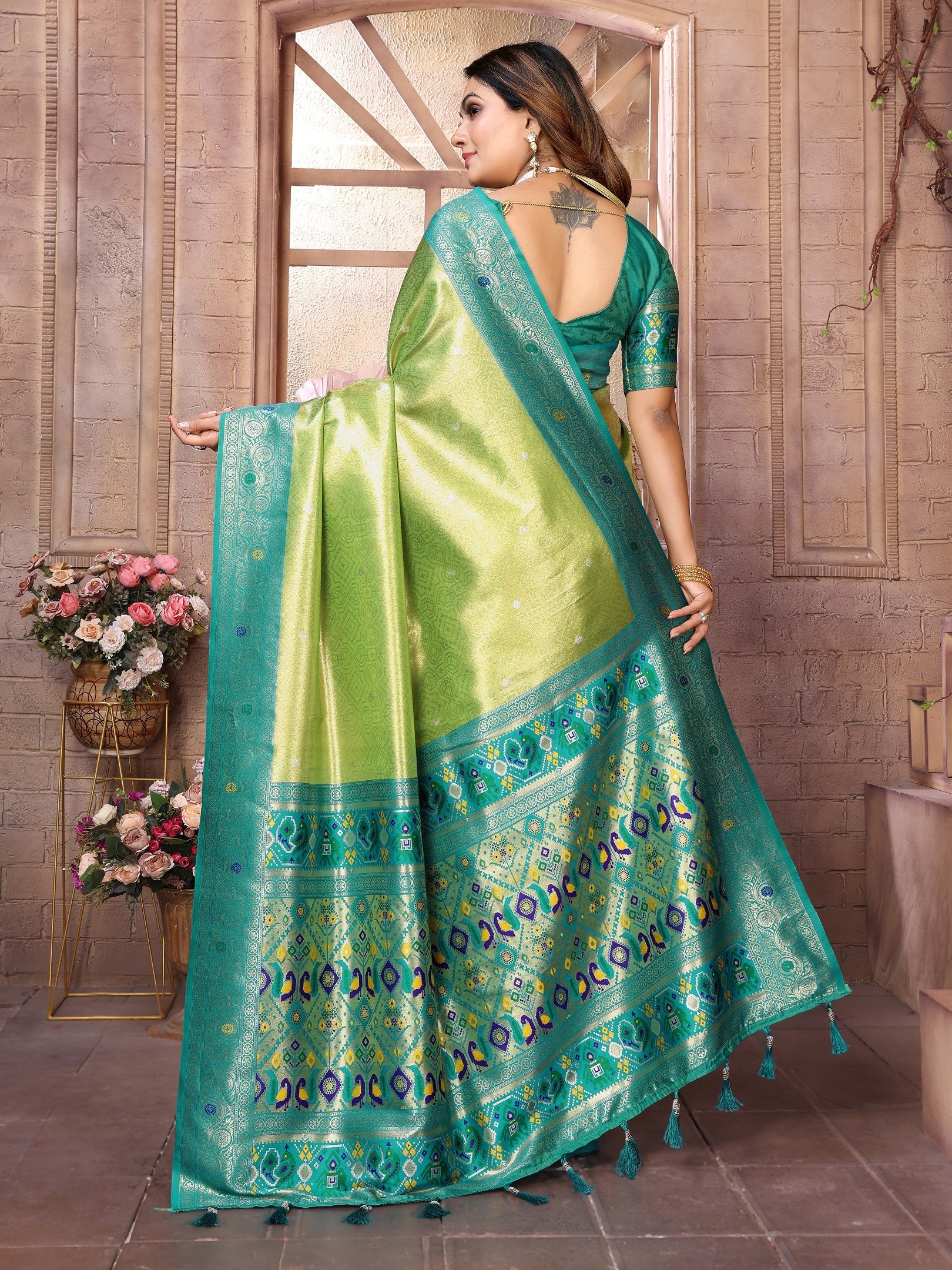 Vedant Vastram Tissue Silk Paithani Silk Saree - Parrot