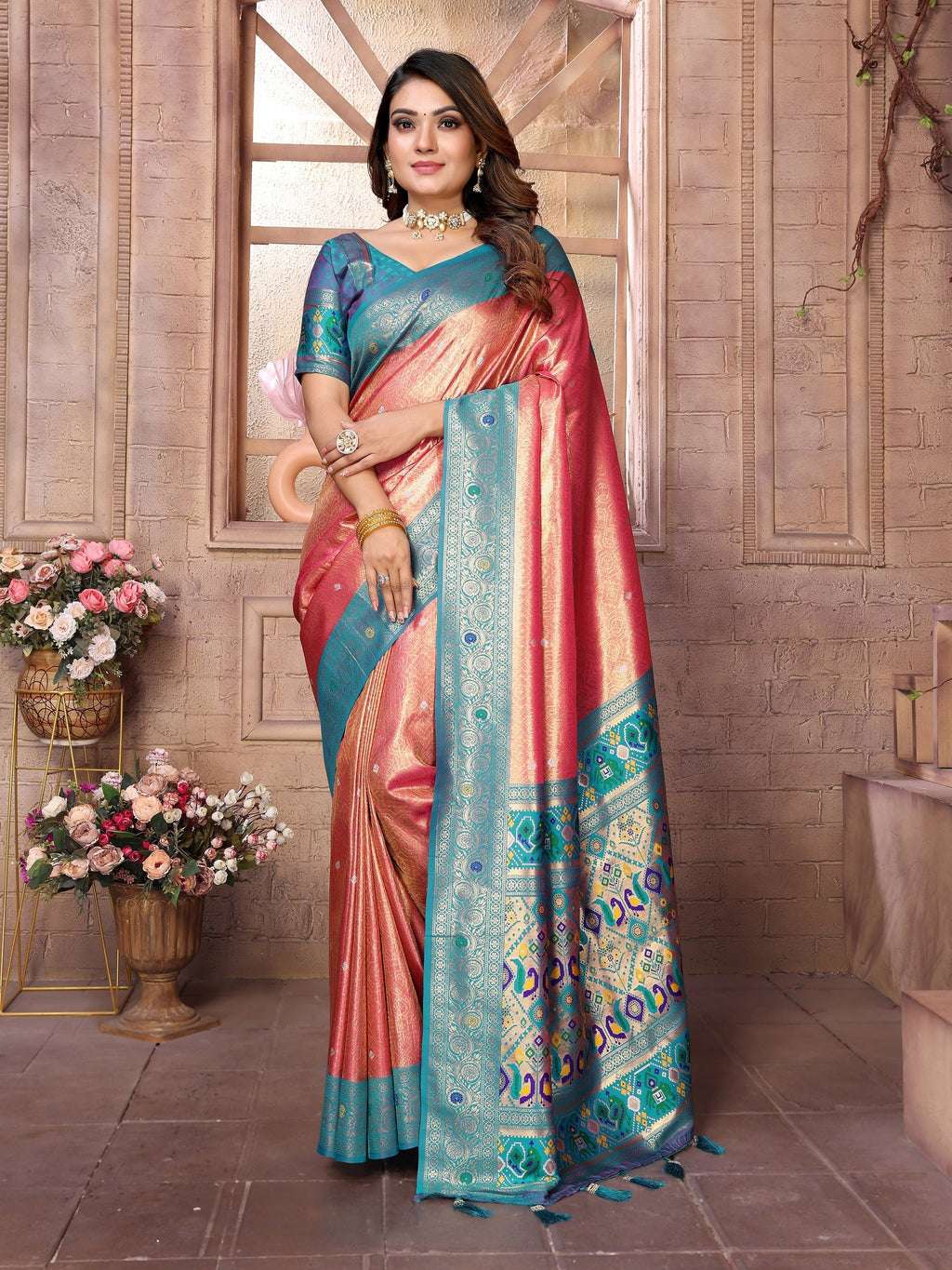 Vedant Vastram Tissue Silk Paithani Silk Saree - Peach