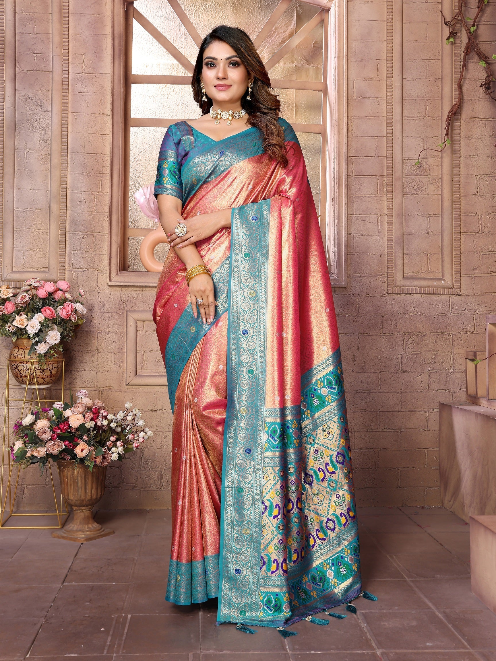 Vedant Vastram Tissue Silk Paithani Silk Saree - Peach