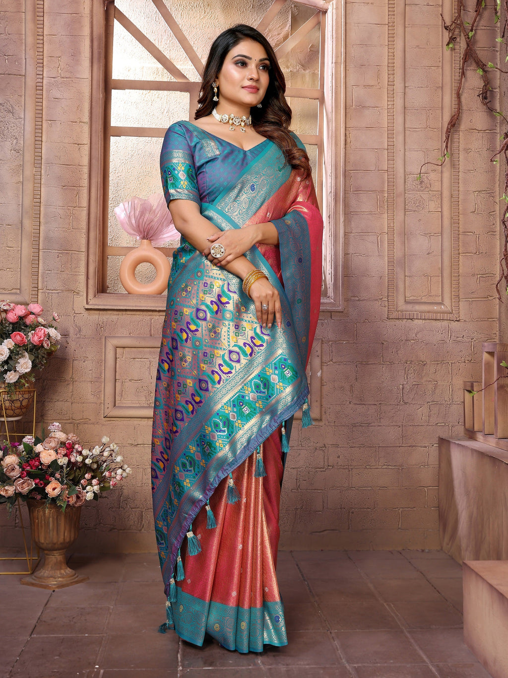 Vedant Vastram Tissue Silk Paithani Silk Saree - Peach