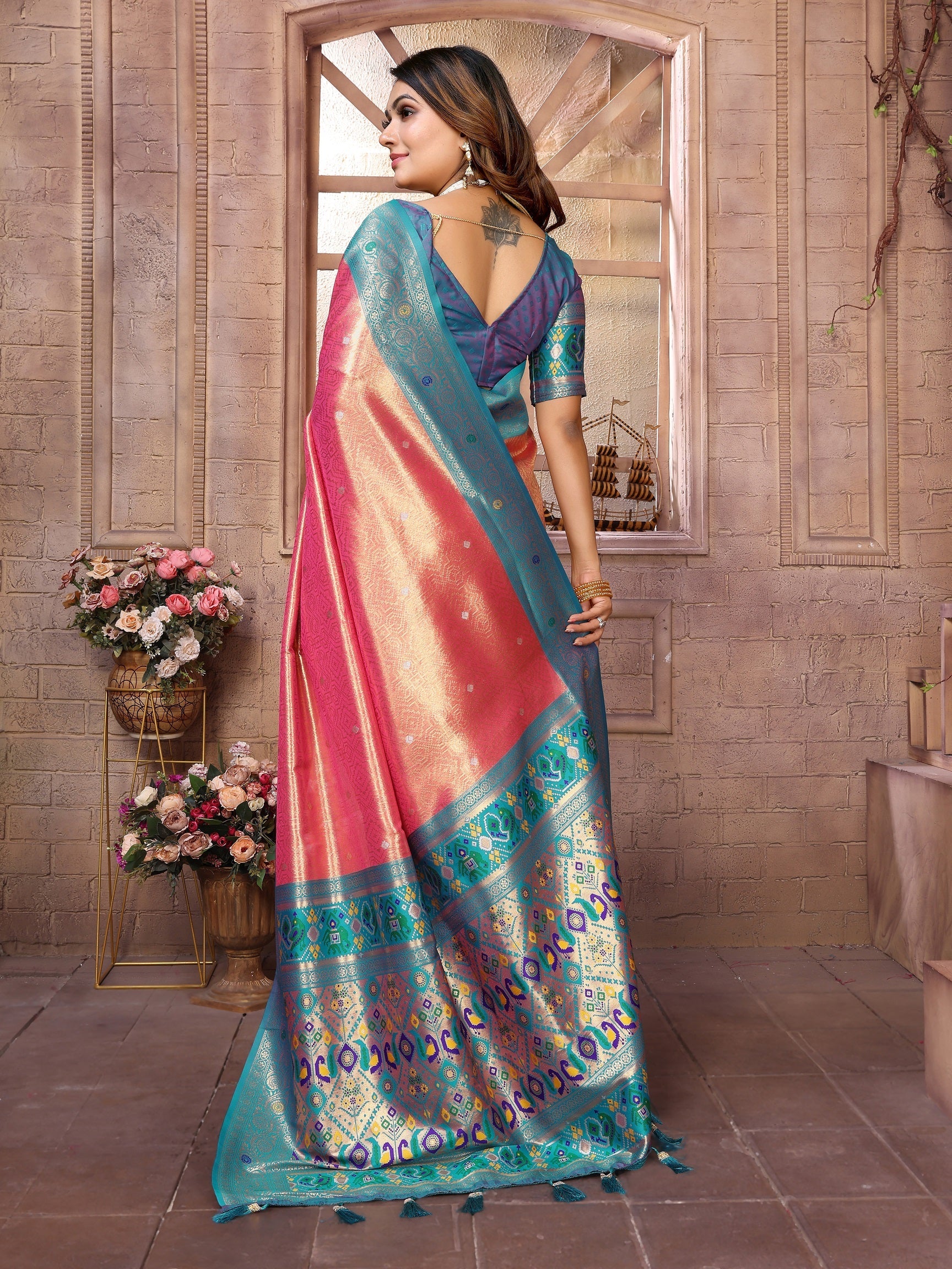 Vedant Vastram Tissue Silk Paithani Silk Saree - Peach